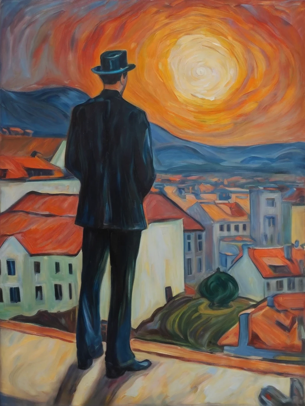 Oil painting on canvas Person Standing on the Rooftop, artist Edvard Munch, Person Standing on the Rooftop in the style of Edvard Munch, full compliance with the style of Edvard Munch