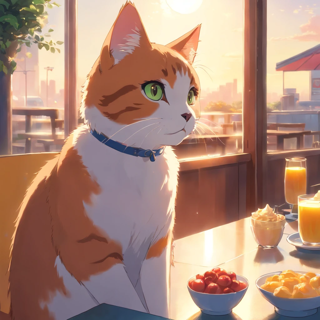 Cute cat with round eyes, At the breakfast place , sunlight outside the window.