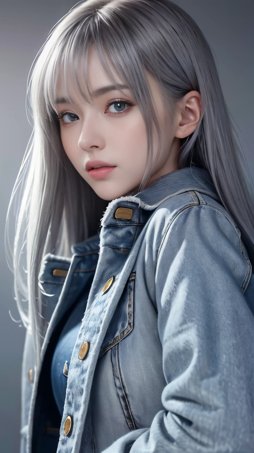 One girl, highest quality、masterpiece、超A high resolution、(2.5D illustration:1.4)、RAW Photos、1 girl、(silver hair blue eyes:1.3)、Glowing Skin、((Ultra-Realistic Details))、((gray long coat:1.2))、((Black denim pants:1.2))、Portrait、Global Illumination、Shadow、Octane Rendering, (Facing forward:1.2)、 Looking at the camera, beautiful, 30 years, compensate, Passionate look , Soft lighting, 2D background ,