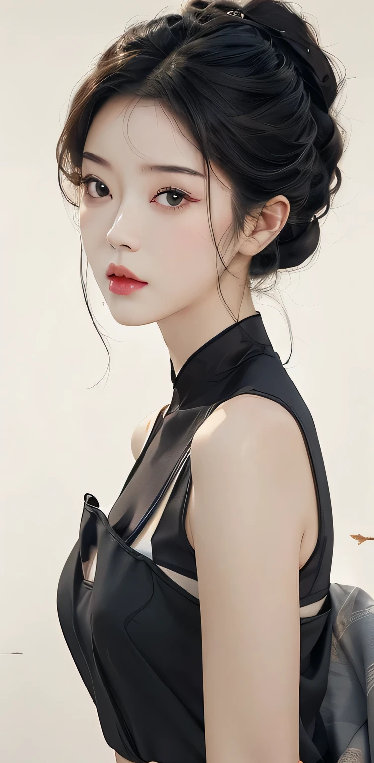 masterpiece, 1 beautiful girl, Exquisite eyes, Double eyelids, Eye bags，top quality, Ultra high resolution, (Reality: 1.4), original photo, , Movie Lighting, Naka Himself, Asian Beauty, Korean, very beautiful, beautiful skin, slim, Body facing forward, (Surreal), (high resolution),, (Very detailed),  (Beautifully detailed eyes), (Ultra Detailed), Delicate face, Looking at the audience, Face straight ahead, Neat clothes, sleeveless, short hair, Black Hair, 46 points side bangs, White background, tidy room,