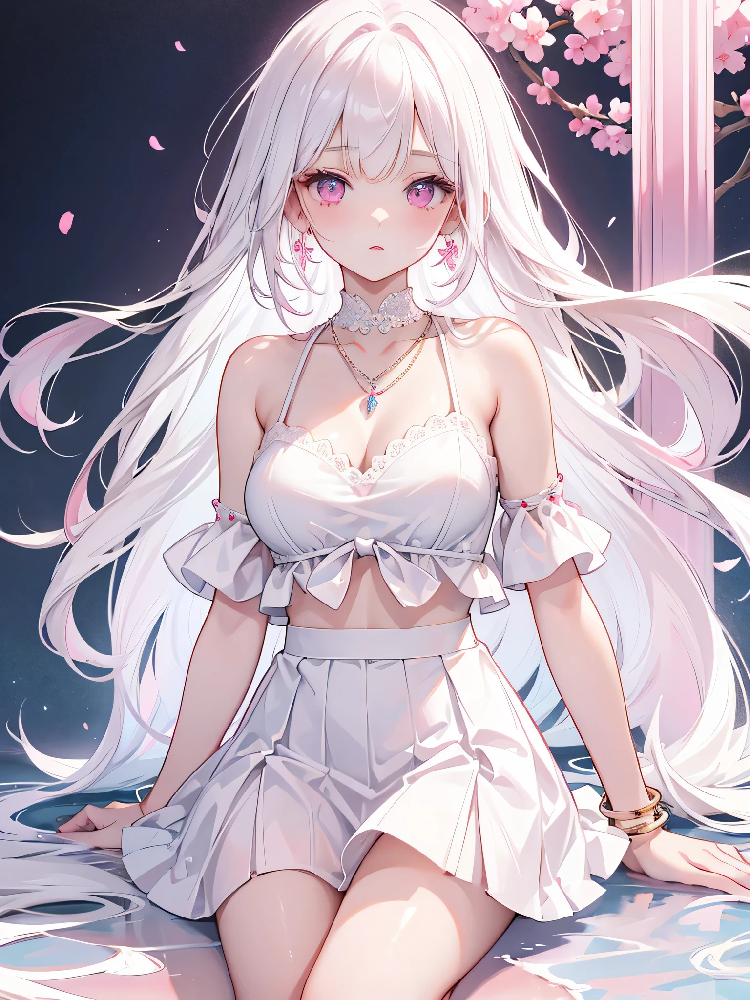 beautiful girl , Beautiful pink eyes , nice face , Long white hair with a straight front cut , soft skin , White bra , White short skirt , Long white socks , Earrings , She wears a beautiful necklace , Bracelet on the right hand