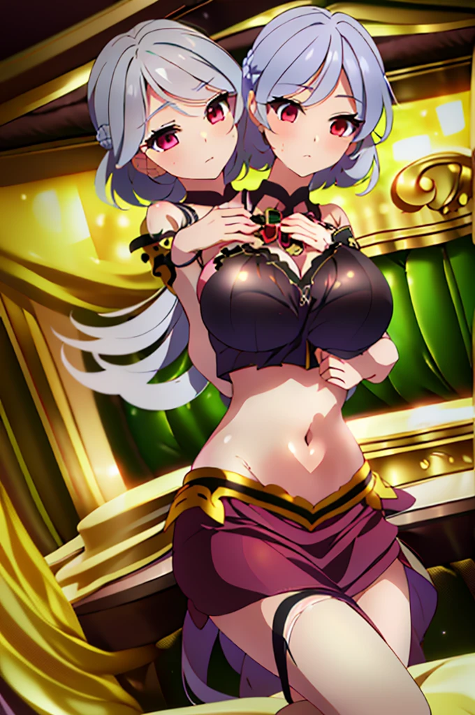 (masterpiece, best quality), best quality, (ultra-detailed), (3heads:1.5), 1girl, (sagume kishin:1.3), masterpiece, best quality, ultra quality, ultra resolution, ultra detail, purple top, crop top, ((stomach)), midriff, ((groin)), purple skirt, normal ears, shackles, light grey hair, braid on the back, very long hair, wavy hair, sidelocks, brown eyes, very detailed eyes, parted lips, sweat, cute, toned belly, hand on own chest, eyelashes, (25 year old woman:1.3), (masterpiece:1.5), (best quality:1.5), (beautiful detailed), extremely detailed CG, extremely delicate and beautiful, depth of field, (finely detailed face), (perfect details:1.2), (mature female:1.3), wide pelvis, slender, large veiny breast, 16k resolution, highres, very high quality, very high definition, extremely detailed, masterpiece, light grey hair, long hair, alluring presence, braid, short skirt, close up, big tits, young, single wing on back, nsfw,