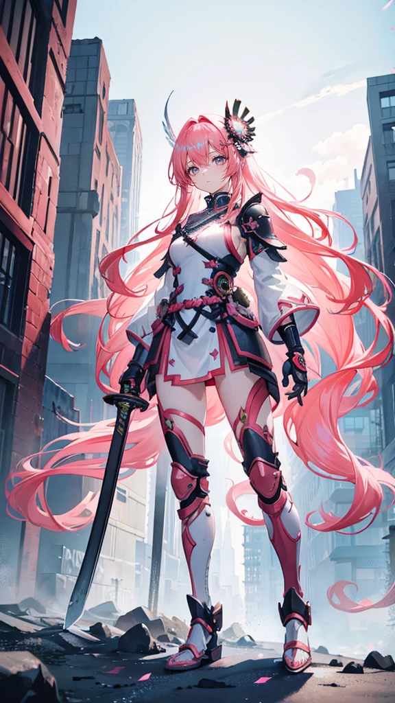 Coral pink hair,Long hair,hair over one eye,Gray eyes,feather hair ornament,cute,Girl,Mechanical Armor,Fantasy style,high tech盔甲,high tech,whole body,Standing on the ground,Samurai sword in hand,No fingers exposed,The background is the city,Blue sky and white clouds