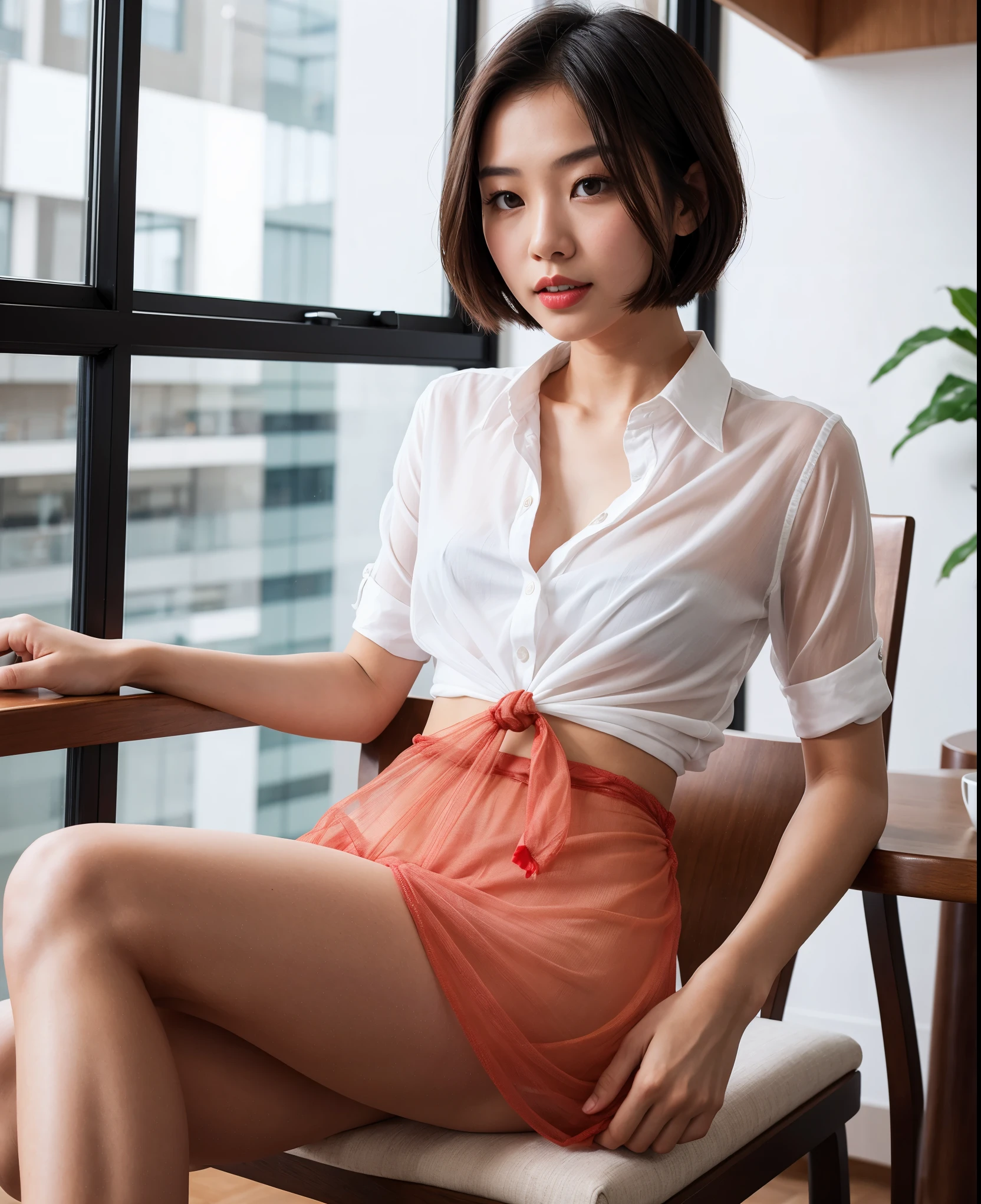 A photo of a young asian  woman, sitting in a cafe, wearing a white shirt and a tie,  short hair, slender, red lips, (transparent fabric:1.42)