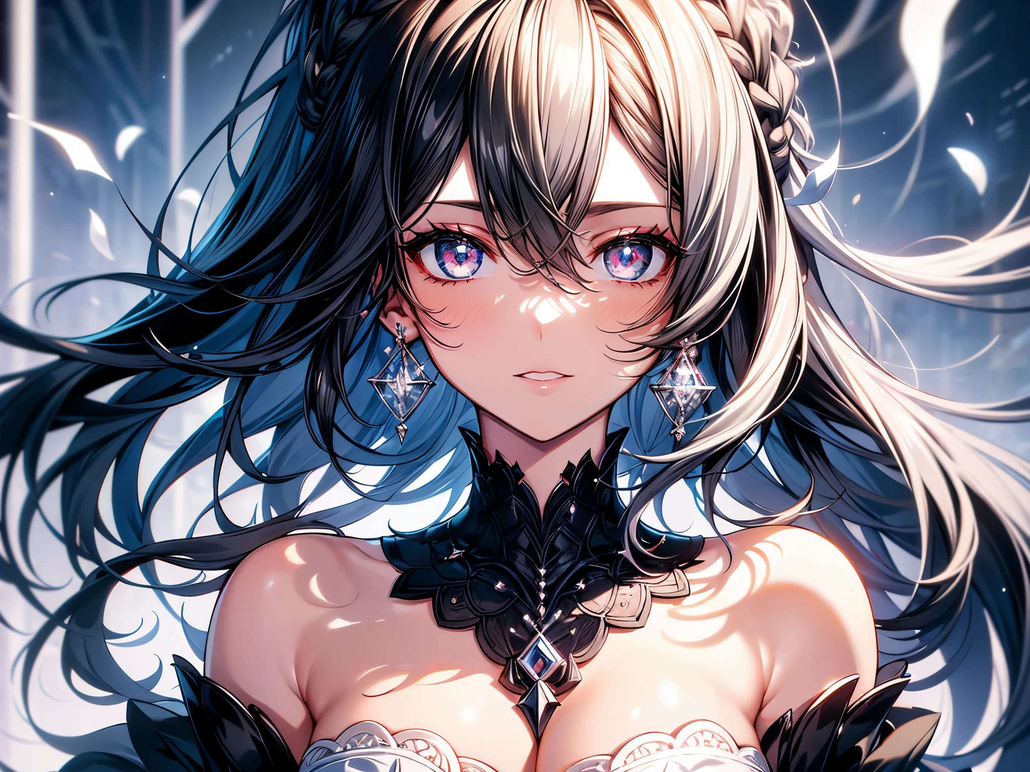 (overhead view), mature woman, (1girl:1.3), CG Illustration, (masterpiece, best quality, ultra-detailed), sharp focus, detailed face, face focus, extremely detailed eyes, long hair, straight bangs, parted bangs, crown braid, (black hair right side with white hair left side:1.4), purple eyes, long eyelashes, (light blush, hollow expression, tilted head leaning back), delicate makeup, medium breasts, ((colors of clothing: black, white, with complex designs)), ((black and white tulip background, black earrings, breeze)), cinematic lighting, rim lightning, ray tracing, shadowing, dynamic angle