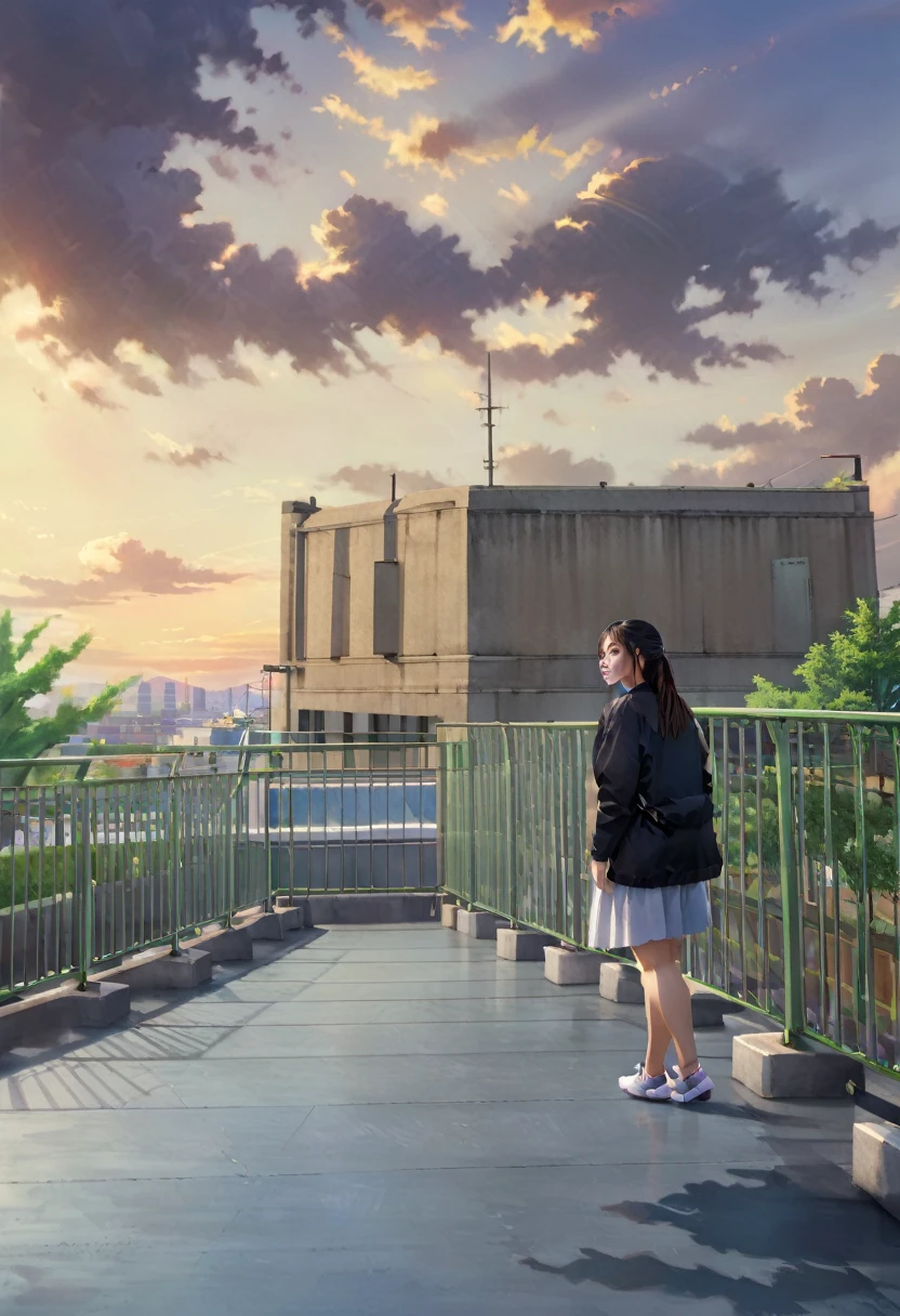 1girl,Person Standing on the Rooftop,aesthetic,okujyou,scenery,sky,fence,cloud,blue sky,outdoors,rooftop,building,day,cityscape,shadow,chain-link fence,city,(best quality,4k,8k,highres,masterpiece:1.2),ultra-detailed,(realistic,photorealistic,photo-realistic:1.37),HDR,UHD,studio lighting,ultra-fine painting,sharp focus,physically-based rendering,extreme detail description,professional,vivid colors,bokeh,portraits,landscape,colorful,overlooking,serene,peaceful,tranquil,sunlit,contemplative,striking silhouette,picturesque scenery,immersive,dreamy ambiance,sophisticated styling,elegant,touch of nostalgia,lush greenery,relaxing atmosphere