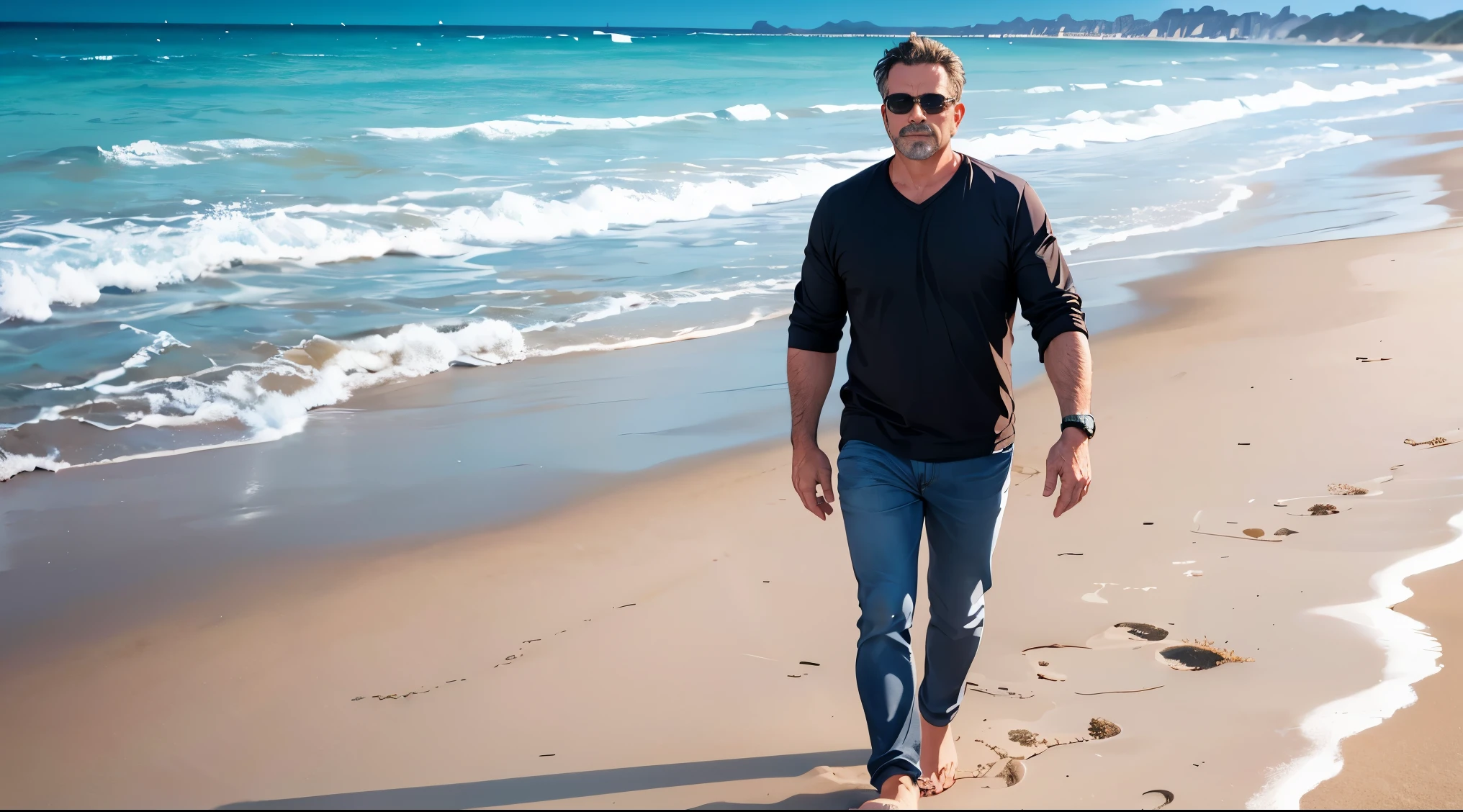 Handsome middle-aged man,walking,beach