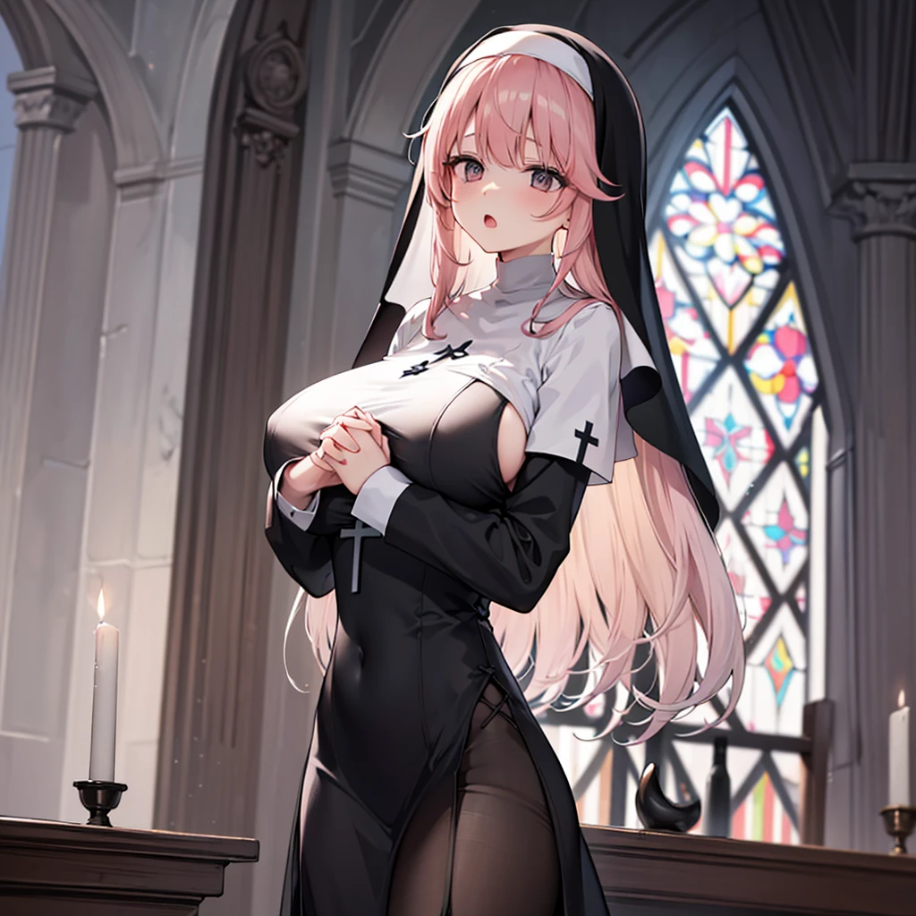 (Solo 1 Cute nun praying:1.3) Standing in church, (Pray with hands clasped over your chest), Very thin, (black sheer long dress:1.5), (Huge Breasts:1.3), (A busty, perky chest:1.2), (Thin black long skirt:1.4), incredibly thin waist, Close ~ eyes, Red nose, Open your mouth, (Heavy breathing:1.2), Stained glass, whole body, 8k, Very detailed, masterpiece, Beautiful detailed hair