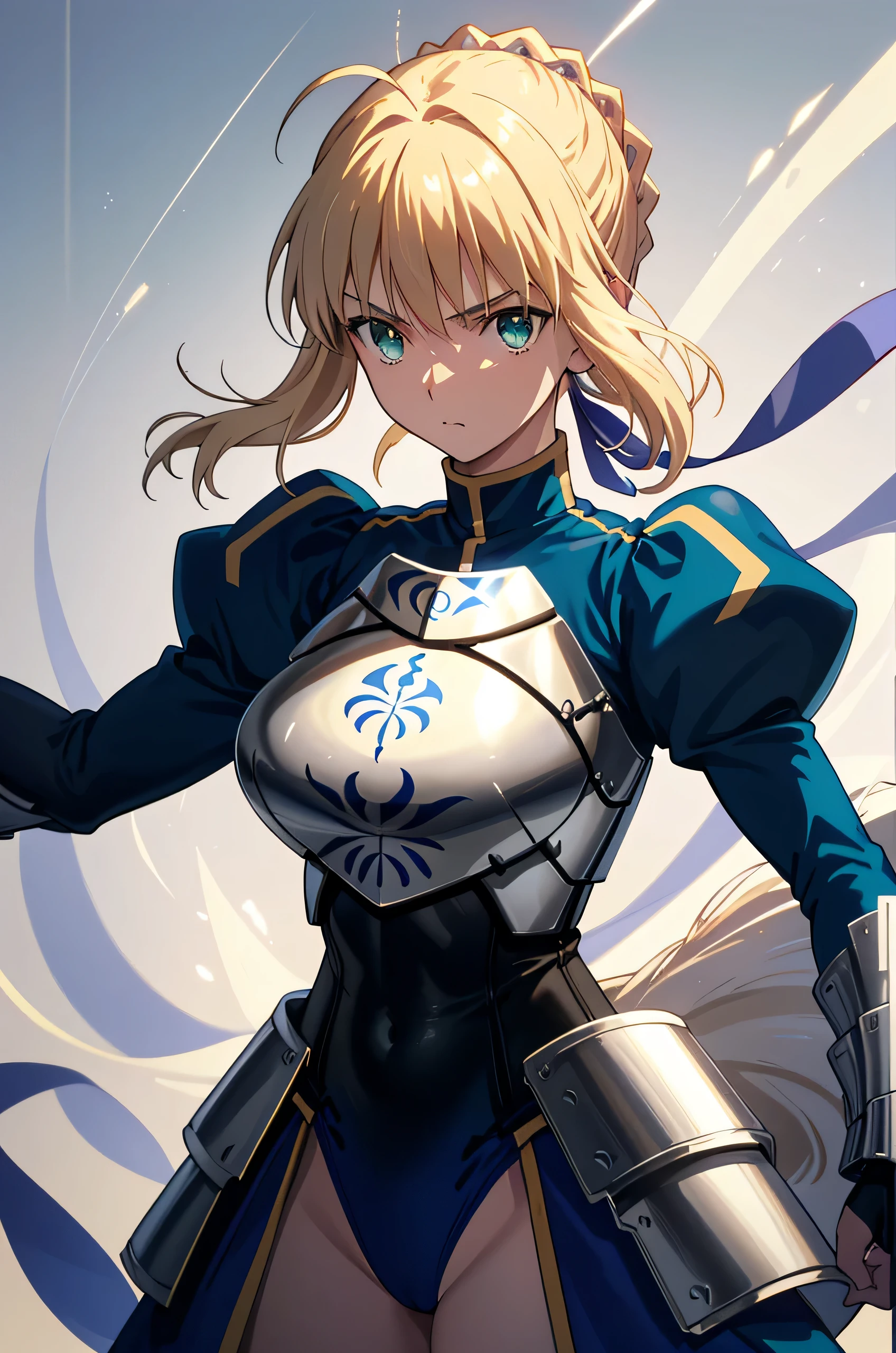 masterpiece、highest quality、High resolution、ph saver、ph Artoria、Anime Women、solo、Blue leotard、armor、Big Breasts、A woman with very large breasts、armored leotard、Shine、Mitt、breastplate、leotard sleeve withan puffy sleeve、leotard bottom with an high leg、Hair Bun、Blonde、Green Eyes、braided ponytail、bangs、blue bow in hair、Upper Body、