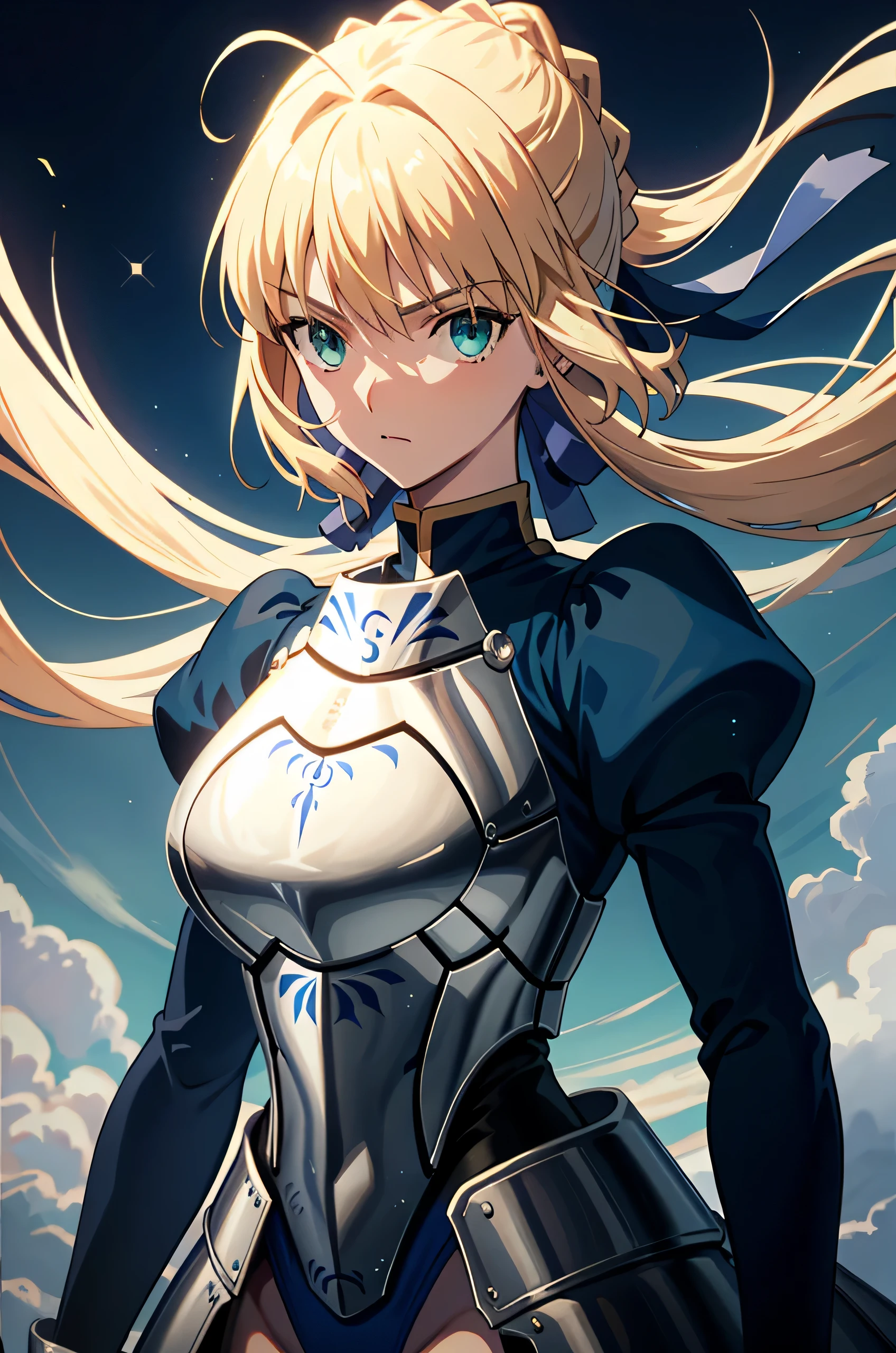 masterpiece、highest quality、High resolution、ph saver、ph Artoria、Anime Women、solo、Blue leotard、armor、Big Breasts、A woman with very large breasts、armored leotard、Shine、Mitt、breastplate、leotard sleeve withan puffy sleeve、leotard bottom with an high leg、Hair Bun、Blonde、Green Eyes、braided ponytail、bangs、blue bow in hair、Upper Body、