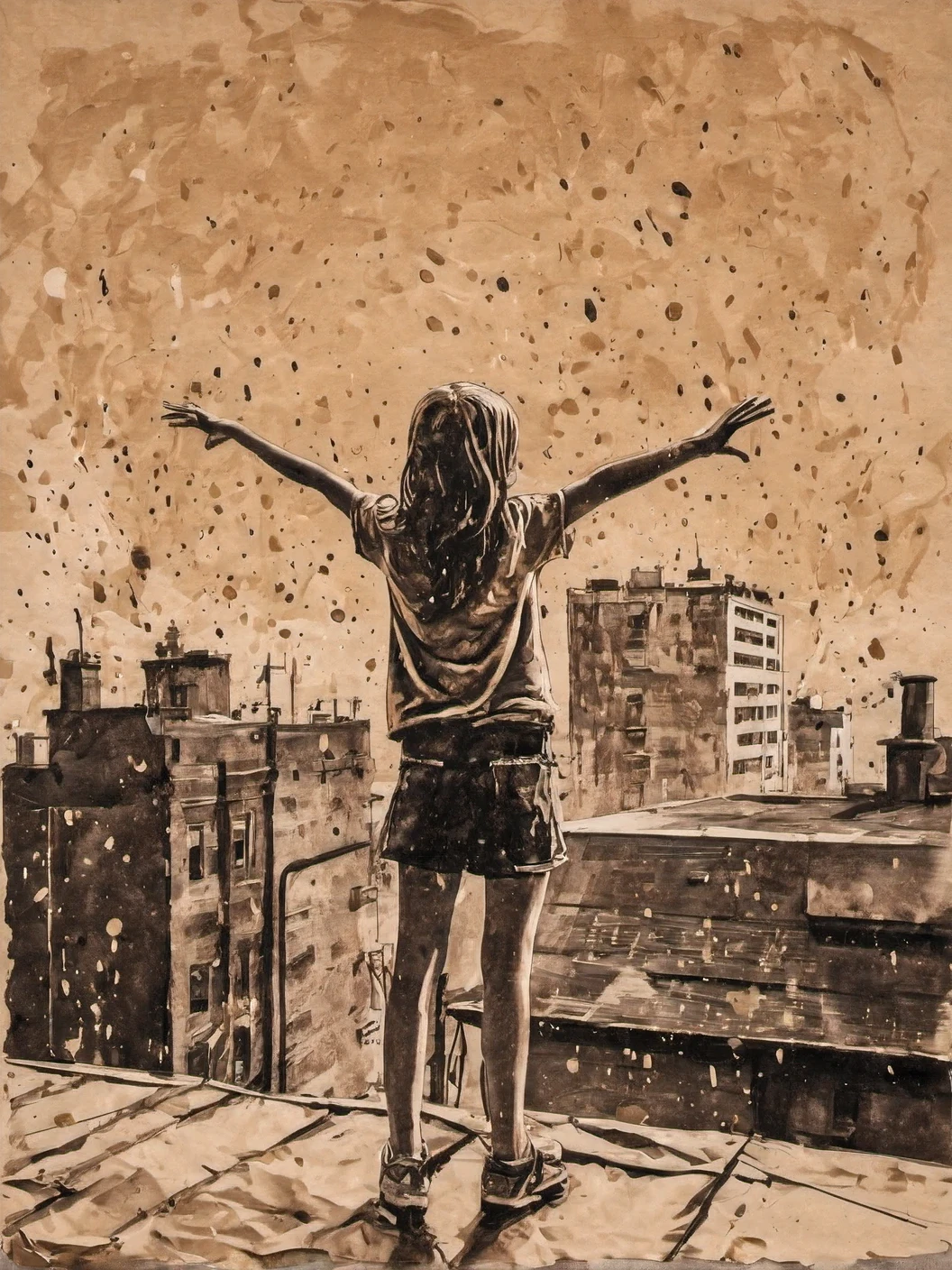 Ink splashes, image of girl .O. Standing on the Rooftop on kraft paper in the technique of aerosol painting, ink, high resolution