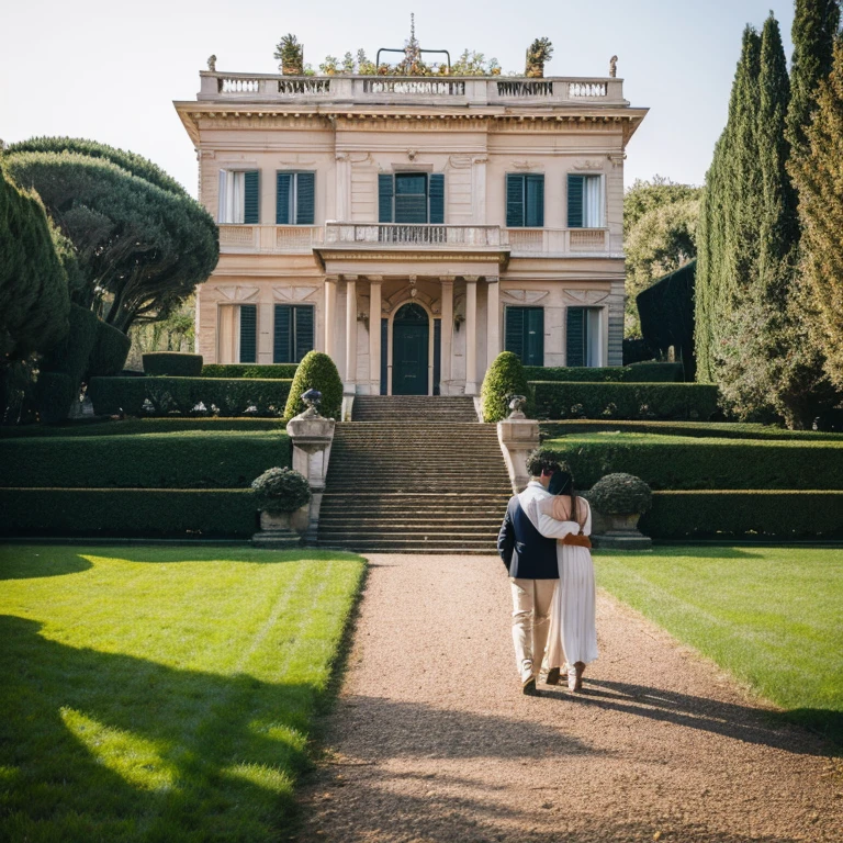 “Villa Bonaparte Park in Rome” prompt: “People strolling in the Villa Bonaparte Park々”