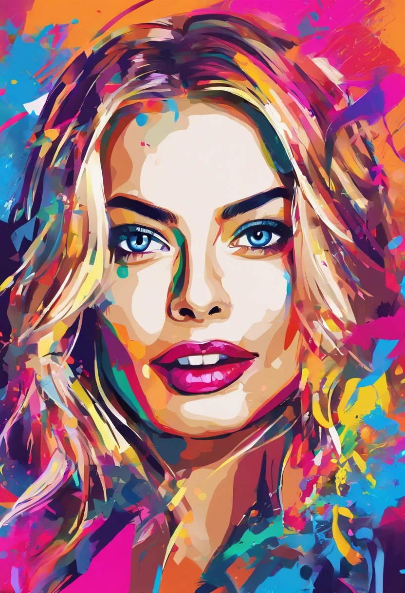 Paper textured art by actress Margot Robbie, colorful splash and graffiti style in bright colors, the Art is highlighted by the beauty of the actress, and at the same time it is fascinating, vibrant colors make aida art more beautiful