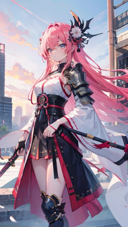 Coral pink hair，Long hair，hair over one eye，Gray eyes，feather hair ornament，cute，Girl，Mechanical Armor，Fantasy style，high tech盔甲，high tech，whole body，Standing on the ground，Samurai sword in hand，No fingers exposed，The background is the city，Blue sky and white clouds