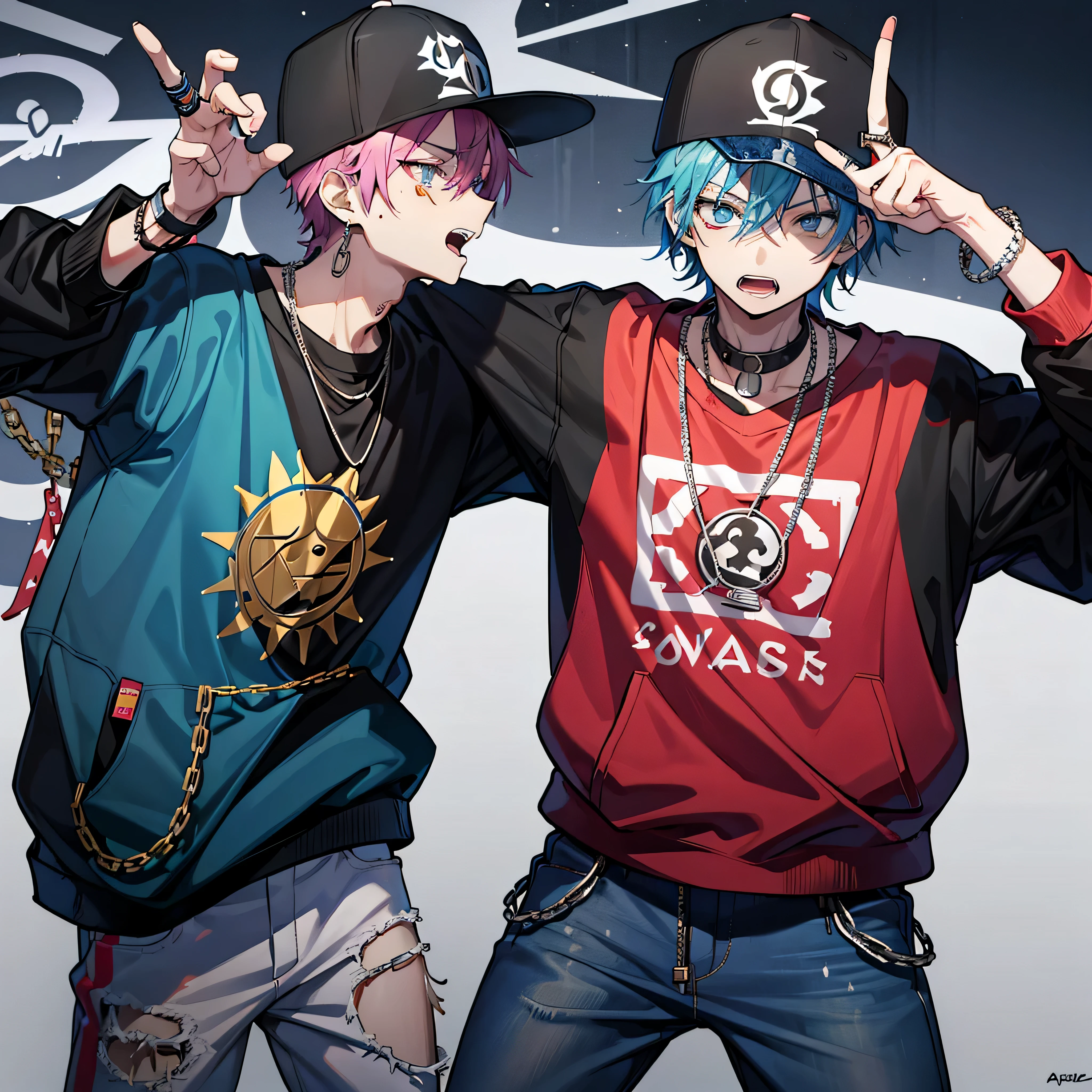 Hiphop rapper anime: A charismatic and confident anime character is depicted as a hiphop rapper, wearing a trendy outfit with a microphone in hand and a bold expression on his face. His attire includes baggy jeans, a graphic tee, a chain necklace, and a cap turned backwards. The background is urban and dynamic, with graffiti on the walls and a vibrant, colorful palette that represents hiphop culture.

gang: Surrounding the anime rapper are a group of hood boys, dressed in gang attire consisting of bandanas, baggy jeans, and sneakers. They all have determined expressions and are posing confidently, some with their hands in their