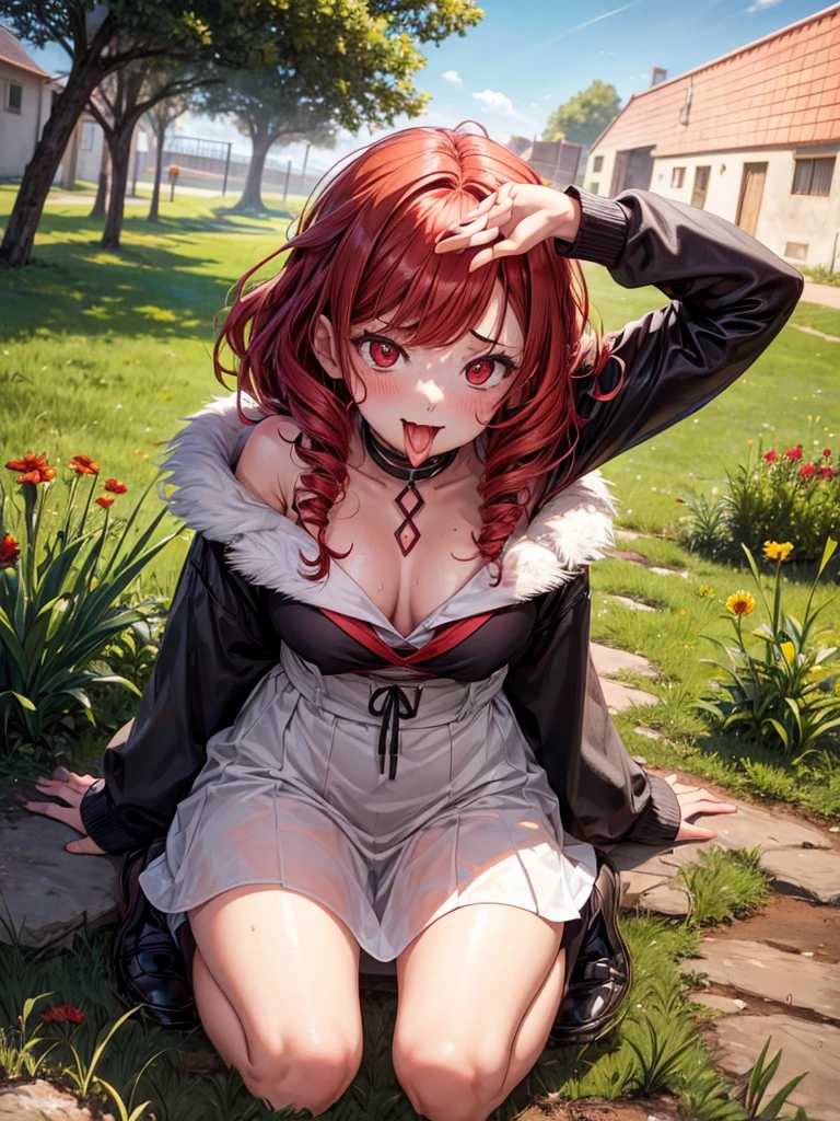 A girl splitting on her pussy(naked),fucked,sitted on dry grass, Looking towards the viewer,silly fucked face expression ,red wavy hairs,red eyes, triangle face(shape),big , 8 k resolution,highly detailed,garden(background), tongue 👅 out,Horror(funny)