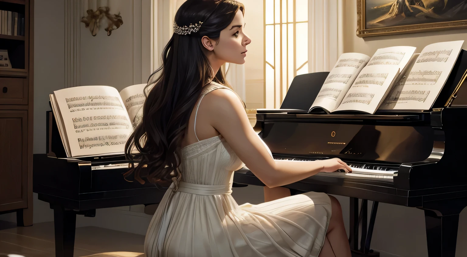 arafed image of a woman playing a piano with Music notes, an illustration by Jennifer Janesko, obturador, arte digital, pianista, tocar piano, Energetic jazz piano portrait, Music being played, Music in the air, promo art, exquisite digital illustration, piano, masterful composition!!!, artistic illustration, Music, artistic rendering, obras de arte deslumbrantes, artistic!!! composition