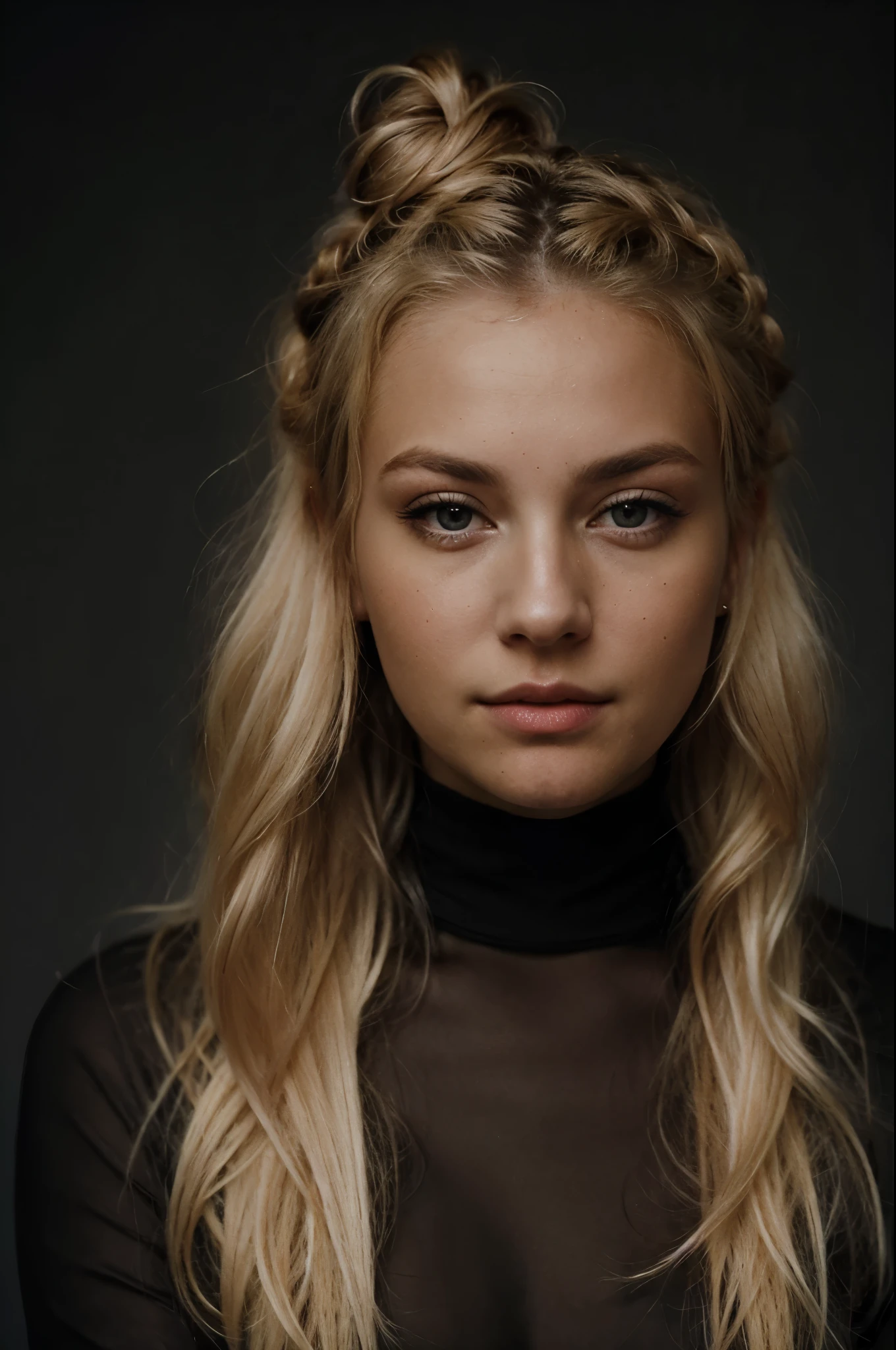 blonde woman making eye contact with hair, gathered in a bun, and dark theme