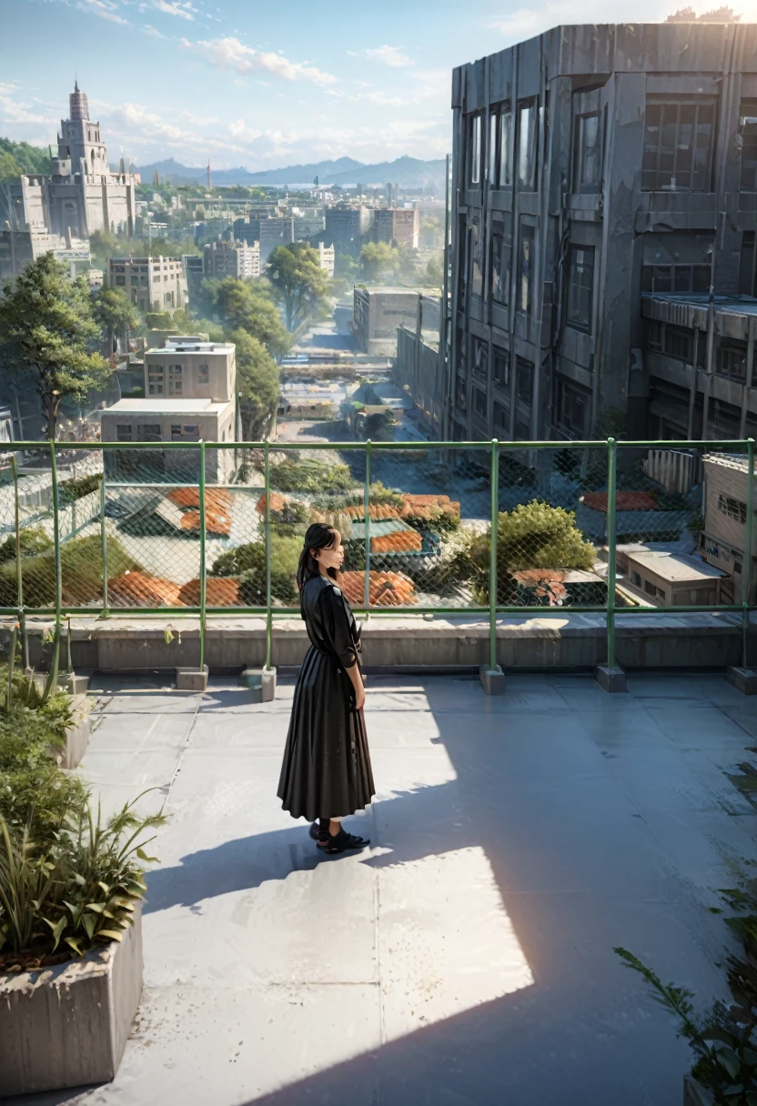 1girl,Person Standing on the Rooftop,aesthetic,okujyou,scenery,sky,fence,cloud,blue sky,outdoors,rooftop,building,day,cityscape,shadow,chain-link fence,city,(best quality,4k,8k,highres,masterpiece:1.2),ultra-detailed,(realistic,photorealistic,photo-realistic:1.37),HDR,UHD,studio lighting,ultra-fine painting,sharp focus,physically-based rendering,extreme detail description,professional,vivid colors,bokeh,portraits,landscape,colorful,overlooking,serene,peaceful,tranquil,sunlit,contemplative,striking silhouette,picturesque scenery,immersive,dreamy ambiance,sophisticated styling,elegant,touch of nostalgia,lush greenery,relaxing atmosphere