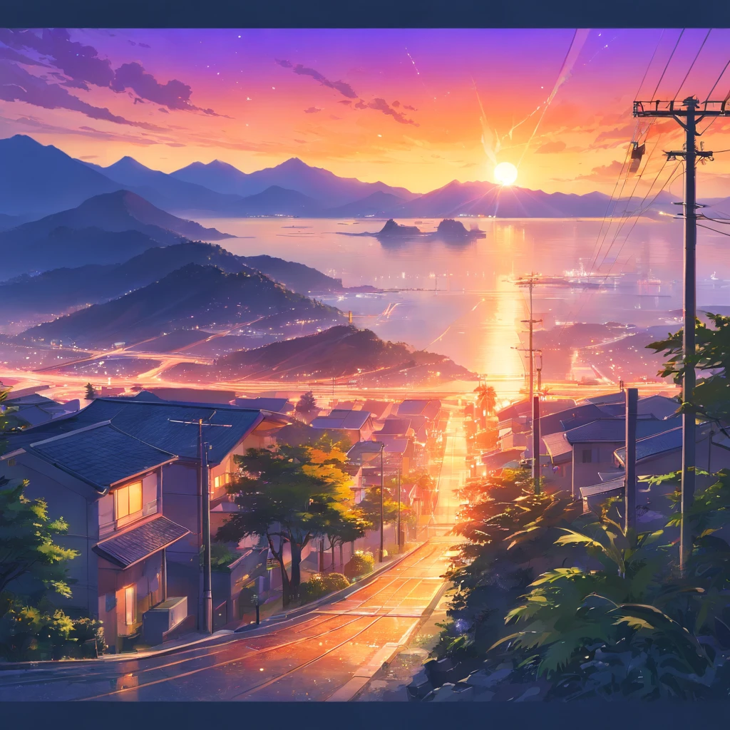 (Masterpiece:1.3), (nonsense:1.3), (best quality:1.3), (very detailed:1.3), 1 man, fall, fall leaves, building, combustion, campelectricity, city, city lights, cityscape, cloud, cloudy sky, spikes, twilight, evening, electricity, electricityplace, เปลวelectricity, gradient sky, grass, hill, horizon, lens flare, maple leaf, Molten rock, mountain, mountainous horizon, nature, no human, ocean, orange sky, Orange theme, outdoor, palm tree, สายelectricity, purple sky, red sky, view, shooting star, sky, star \(sky\), starry sky, sun, sunlight, sunrise, sunset, tree, twilight, utility pole, water, yellow thunder sky