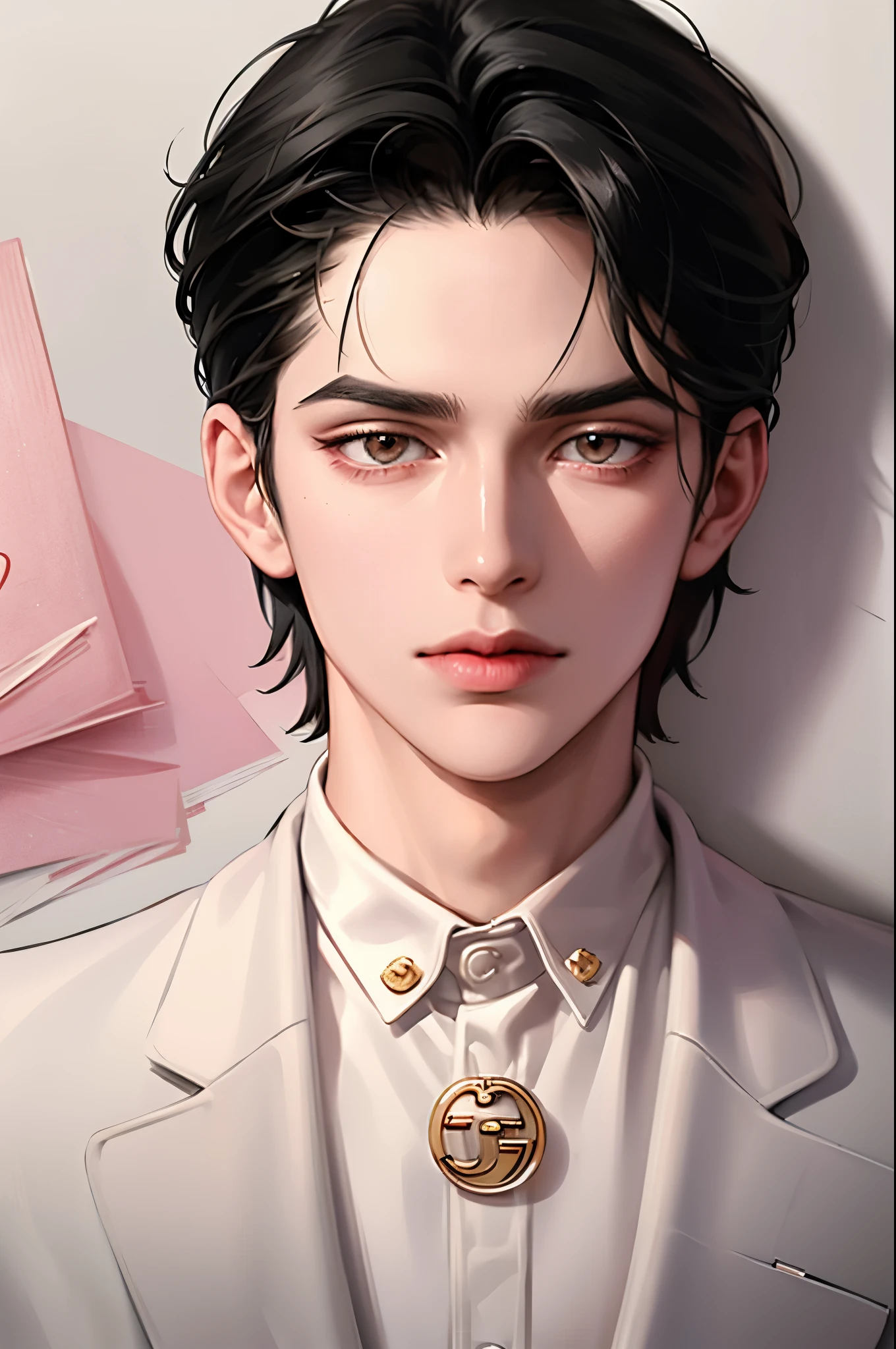 Boy, black hair, sharp brown eyes, sharp nose, serious, white skin, pink lips, Gucci style