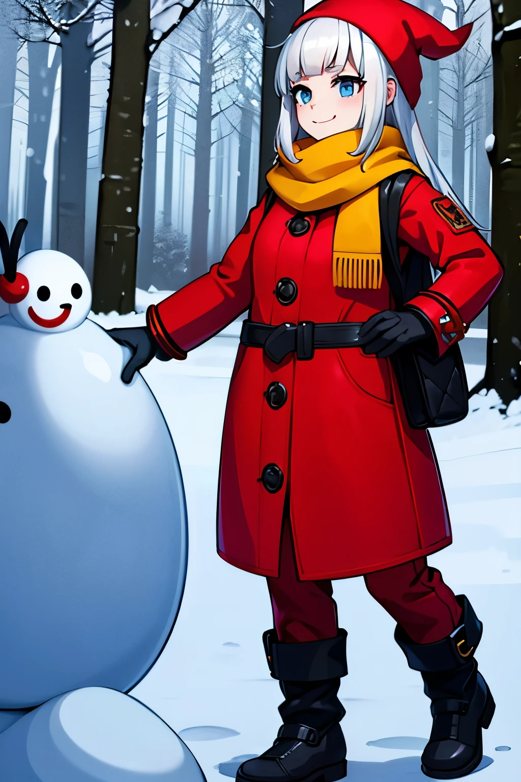 young girl, wearing one red scarf, yellow jacket, black pants, smiling, snow mans behind, in the snow, forest, nightfall, detailed, 4k, masterpuece
