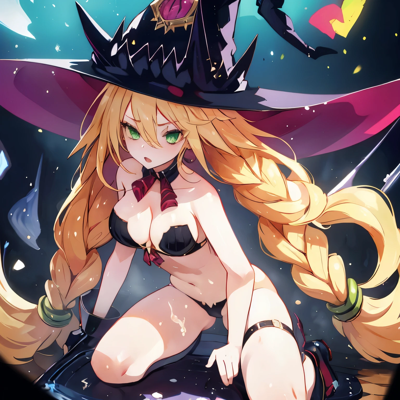 (((Masterpiece))), (((Best Quality: 1.4))), ((Super Detail: 1.4)) , hyper detailed painting of a female Metallia, one girl, hyper detailed face features, expressive face, detailed textures, natural skin shader, volumetrics, warm undertones under her skin, ultra High resolution. long blond hair ,witch hat with an purple eye, twin braids, slim sexy body, green eyes, naked, vaginal or anal sex , cum inflation.