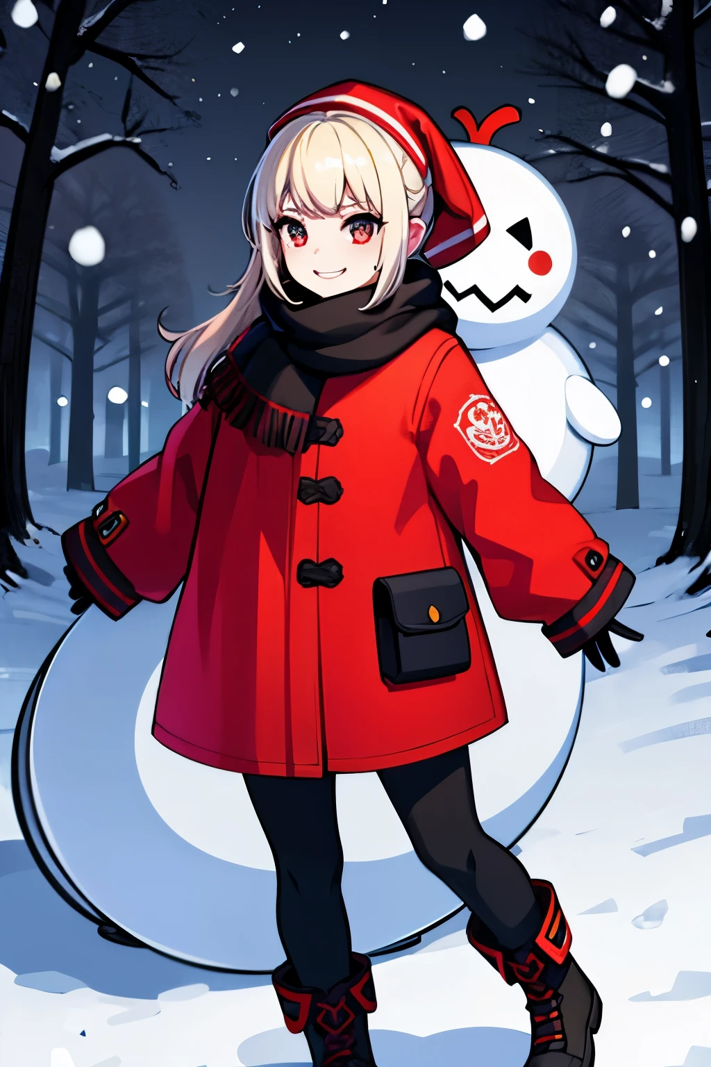 young girl, wearing one red scarf, yellow jacket, black pants, smiling, snow mans behind, in the snow, forest, nightfall, detailed, 4k, masterpuece
