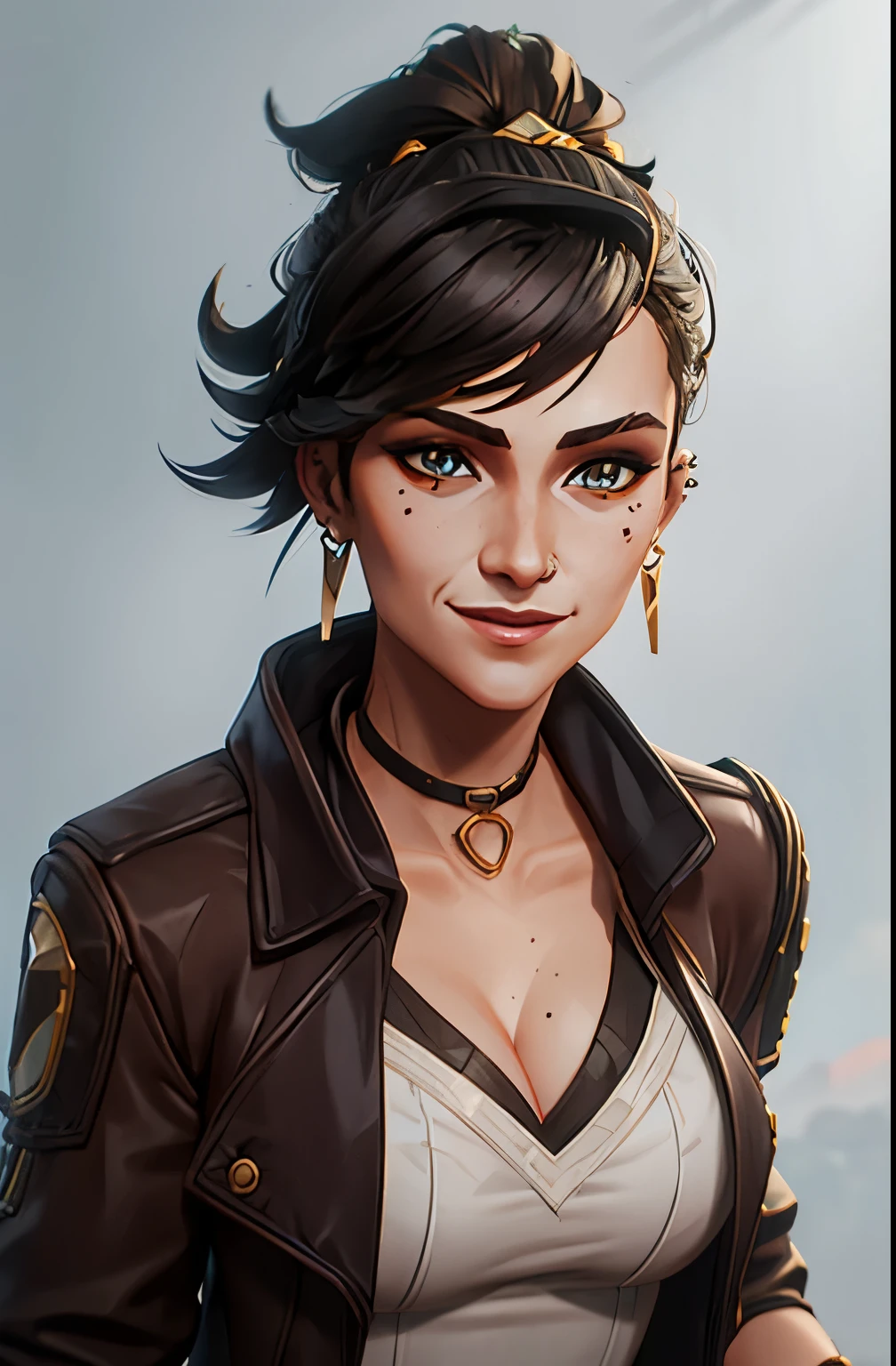 Loba from apex legends, looking_at_viewer, smile, cleavage, jewelry, jacket, upper_body, earrings, grey_background, mole, bracelet, piercing, white_jacket, ear_piercing, grey_jacket, straight-on, gold_choker