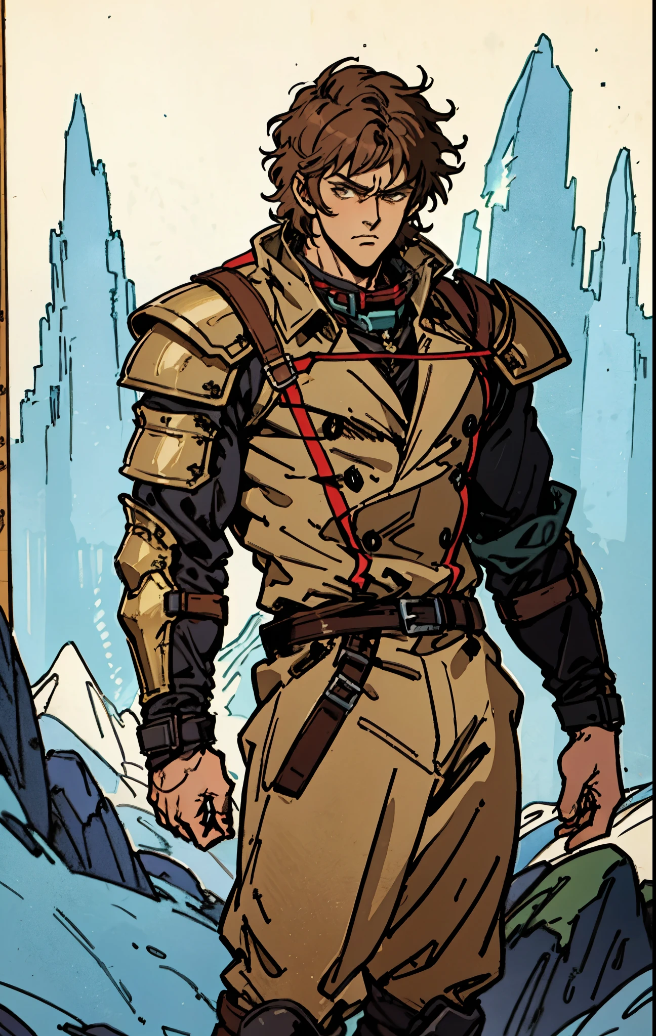 A man with short sandy brown hair, long side-parted bangs, a melancholic gaze, a troubled expression, pale skin, a fantasy-style gray trench coat with a large collar, under which lies leather chest armor, a black belt, worn-out yellowish shoulder pads and wrist guards, utility trousers, the backdrop of a mountain wilderness at night, this character embodies a finely crafted fantasy-style adventurer in anime style, exquisite and mature manga art style, high definition, best quality, highres, ultra-detailed, ultra-fine painting, extremely delicate, professional, perfect body proportions, golden ratio, anatomically correct, symmetrical face, extremely detailed eyes and face, high quality eyes, creativity, RAW photo, UHD, 32k, Natural light, cinematic lighting, masterpiece-anatomy-perfect, masterpiece:1.5