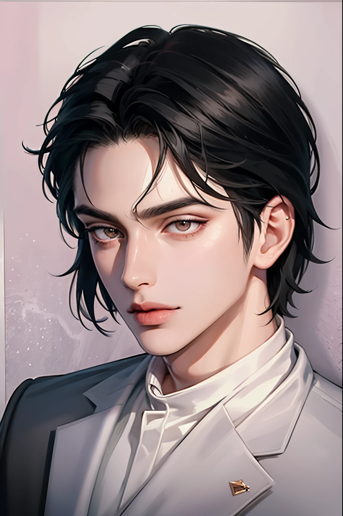 Boy, black hair, sharp brown eyes, sharp nose, serious, white skin, pink lips, Gucci style
