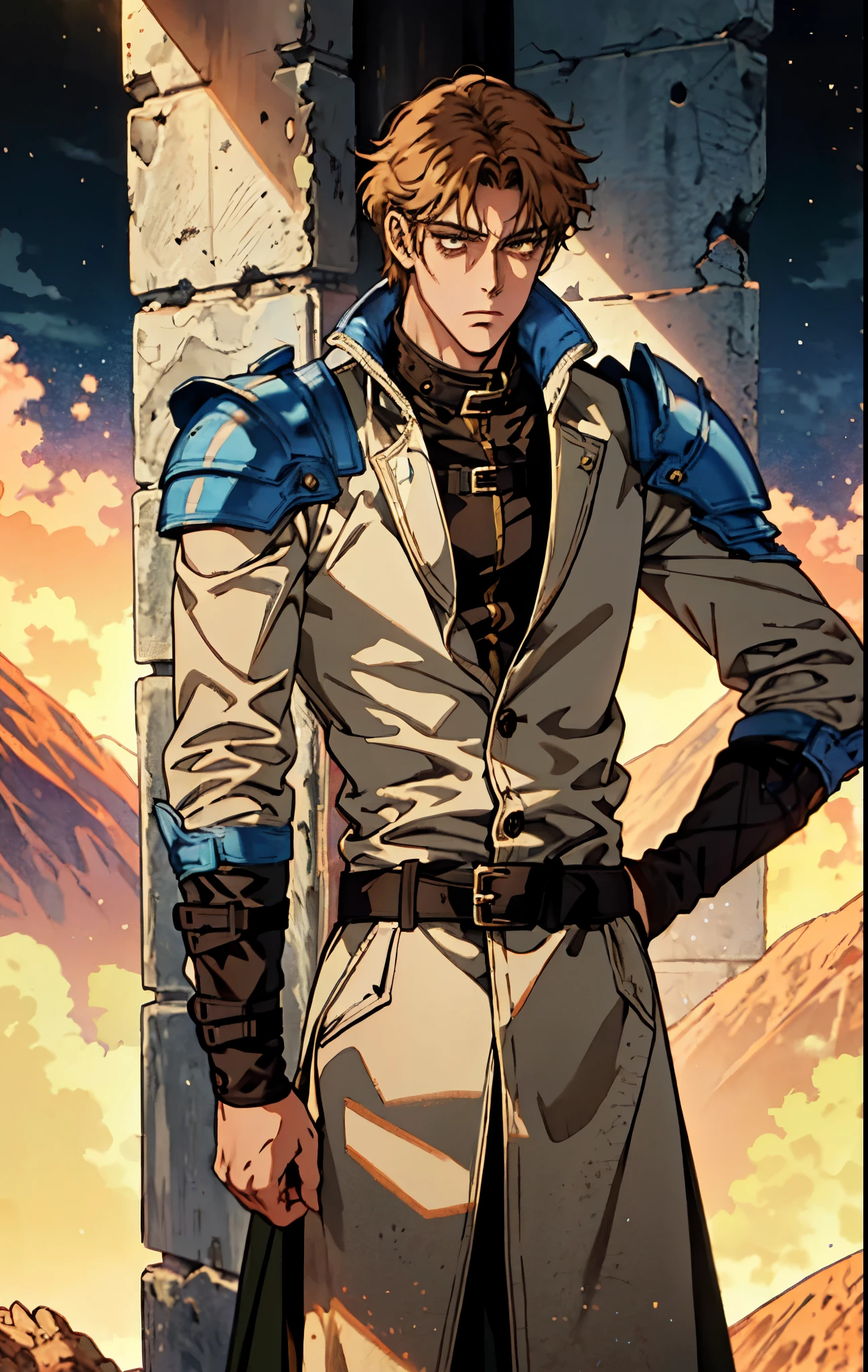 A man with short sandy brown hair, long side-parted bangs, a melancholic gaze, a troubled expression, pale skin, a fantasy-style gray trench coat with a large collar, under which lies leather chest armor, a black belt, worn-out yellowish shoulder pads and wrist guards, utility trousers, the backdrop of a mountain wilderness at night, this character embodies a finely crafted fantasy-style adventurer in anime style, exquisite and mature manga art style, high definition, best quality, highres, ultra-detailed, ultra-fine painting, extremely delicate, professional, perfect body proportions, golden ratio, anatomically correct, symmetrical face, extremely detailed eyes and face, high quality eyes, creativity, RAW photo, UHD, 32k, Natural light, cinematic lighting, masterpiece-anatomy-perfect, masterpiece:1.5