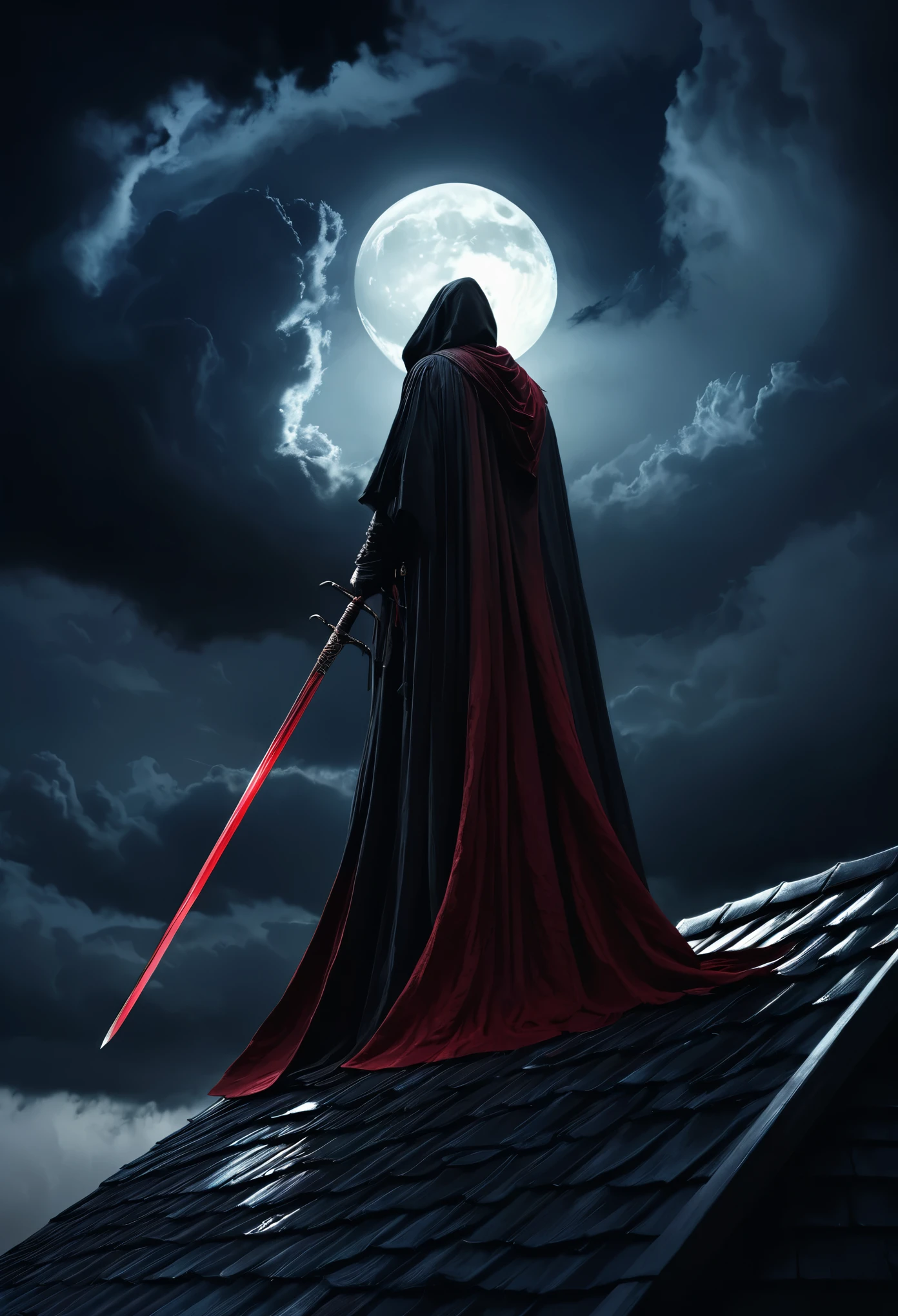 (masterpiece, best quality:1.2), Death on the roof,cloak,Holding a red long sword,moonlight,Ominous Clouds, Dark fantasy illustration style , dark arts, High contrast, Dark Shadows, atmospheric perspective, Melancholic colors, Film composition, Volumetric Lighting, number, Brushstrokes, Dramatic Lighting, Low angle shot, Surrealism, Super detailed, Hyperrealism