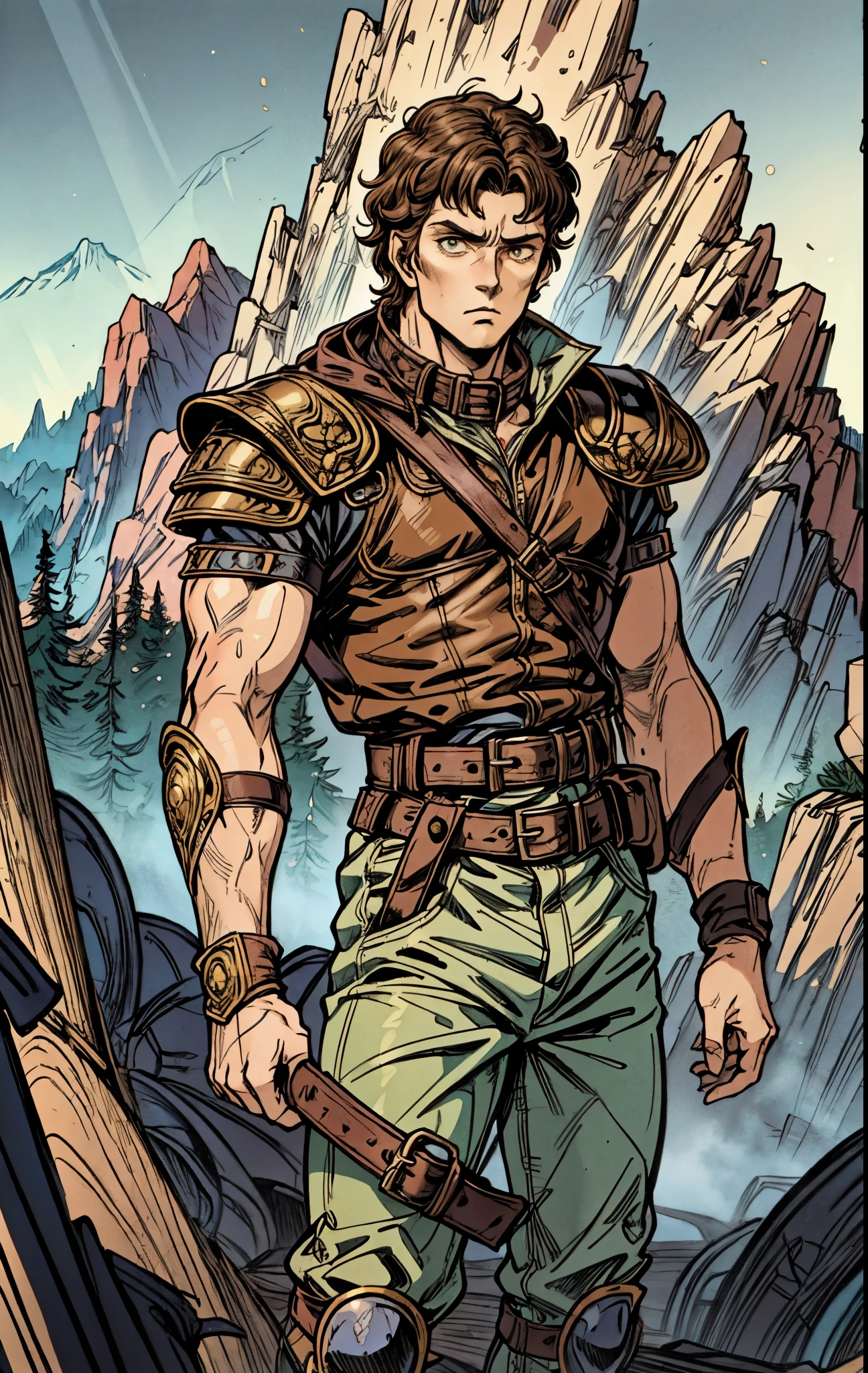 A man with short sandy brown hair, long side-parted bangs, a melancholic gaze, a troubled expression, pale skin, a fantasy-style gray trench coat with a large collar, under which lies leather chest armor, a black belt, worn-out yellowish shoulder pads and wrist guards, utility trousers, the backdrop of a mountain wilderness at night, this character embodies a finely crafted fantasy-style adventurer in anime style, exquisite and mature manga art style, high definition, best quality, highres, ultra-detailed, ultra-fine painting, extremely delicate, professional, perfect body proportions, golden ratio, anatomically correct, symmetrical face, extremely detailed eyes and face, high quality eyes, creativity, RAW photo, UHD, 32k, Natural light, cinematic lighting, masterpiece-anatomy-perfect, masterpiece:1.5