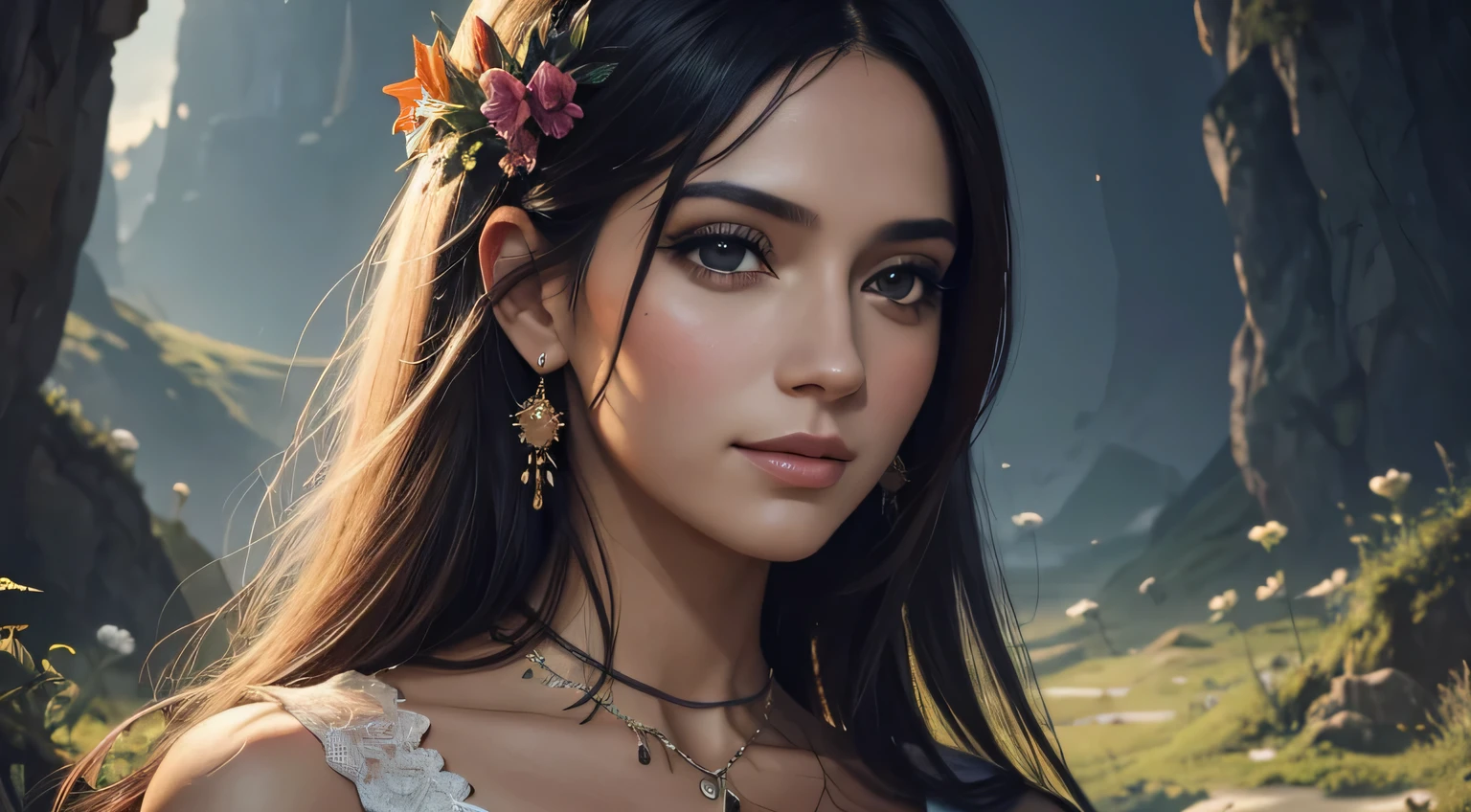 mulher arafa sorrindo, com flores no cabelo e uma tatuagem no peito, bela arte uhd 4k, lindo retrato de fantasia, beautiful retrato de arte de fantasia, retrato de arte de fantasia, arte de retrato de fantasia, karol bak uhd, linda arte digital, arte digital realista 4k, arte digital realista 4k, Belo retrato surreal, arte, linda arte digital