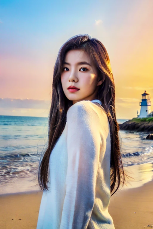 Best quality,HD, 4K, masterpiece, realistic image, distortion lights, Camera photos,A beautiful Thai girl stands looking at me, on the beach by the sea, with a lighthouse, as the sun is about to set.