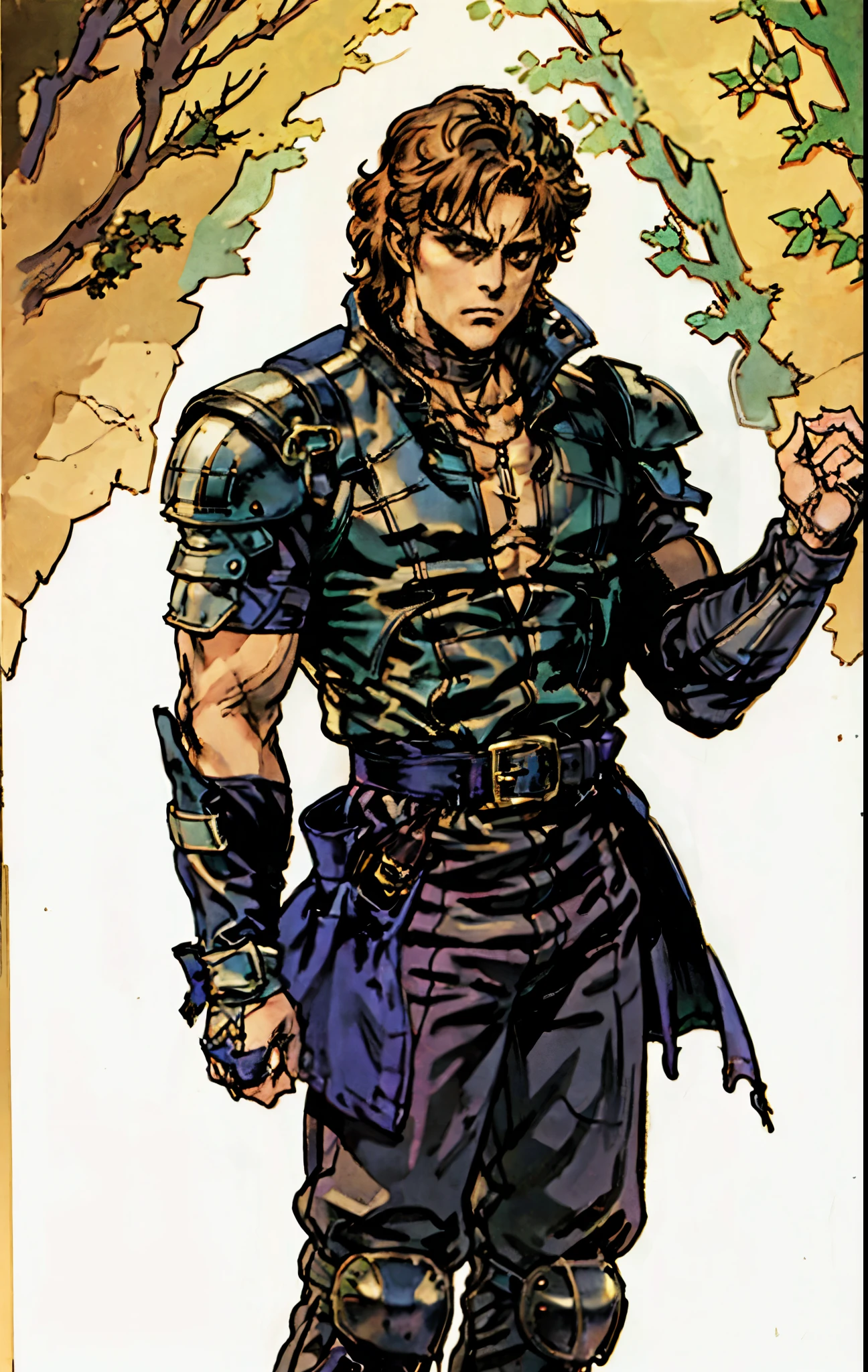 A man with short sandy brown hair, long side-parted bangs, a melancholic gaze, a troubled expression, pale skin, a fantasy-style gray trench coat with a large collar, under which lies leather chest armor, a black belt, worn-out yellowish shoulder pads and wrist guards, utility trousers, the backdrop of a mountain wilderness at night, this character embodies a finely crafted fantasy-style adventurer in anime style, exquisite and mature manga art style, high definition, best quality, highres, ultra-detailed, ultra-fine painting, extremely delicate, professional, perfect body proportions, golden ratio, anatomically correct, symmetrical face, extremely detailed eyes and face, high quality eyes, creativity, RAW photo, UHD, 32k, Natural light, cinematic lighting, masterpiece-anatomy-perfect, masterpiece:1.5
