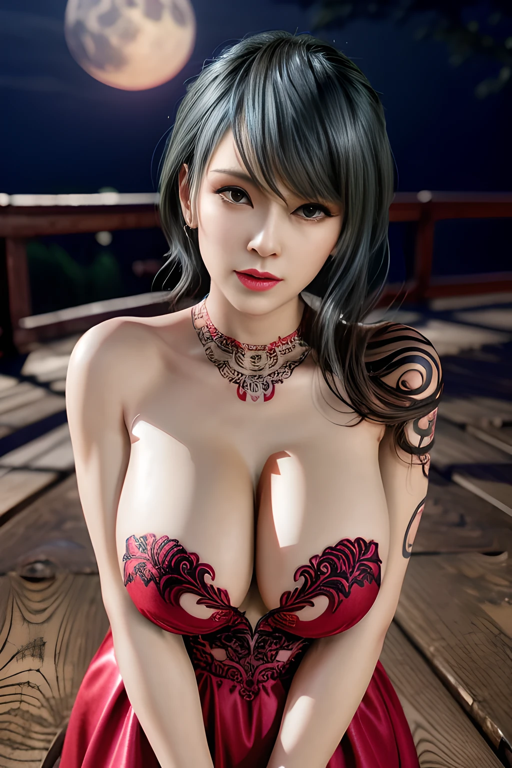 1 girl,lean over WINK, (dark red Wedding Dress,see-through), nighttime,moon,( huge breasts:1.1),cleavage,shiny skin,lip gloss,( tattoos:1.2), masterpiece, best quality, realistic ,Surrealism,Rich artistic colors,natural colors art in 8k,3D,Portrait art,solo, tamaki