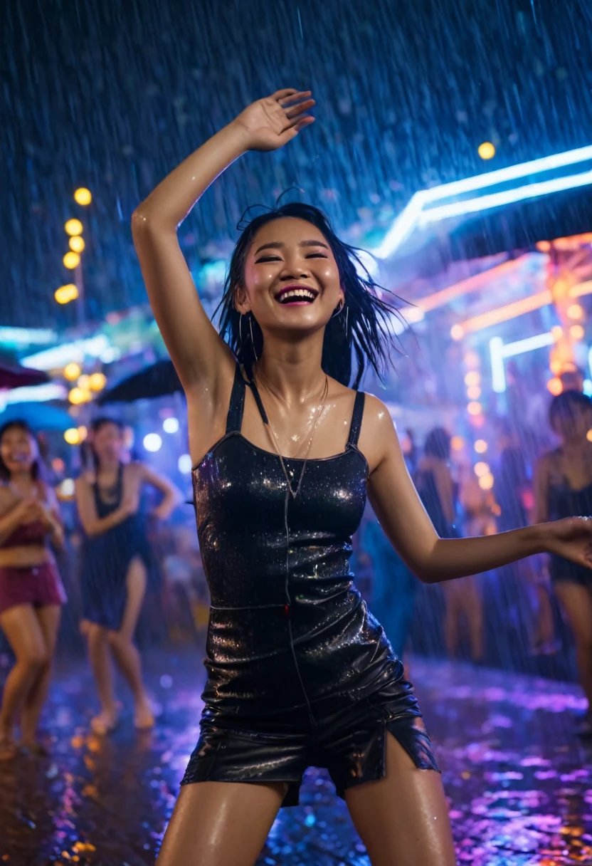 pretty Thai woman Superdancing in the rain at outdoor nightclub laughing joyfully. open air club here is full of people dancing around her, amid colorful lights and bokeh effects, photo realistic, cinematic, movie still, summer vibes, captured in the style of Sony Alpha A7 III camera --ar 2:3 --s 500 --v 6.0
The most cutting-edge cyberpunk style.