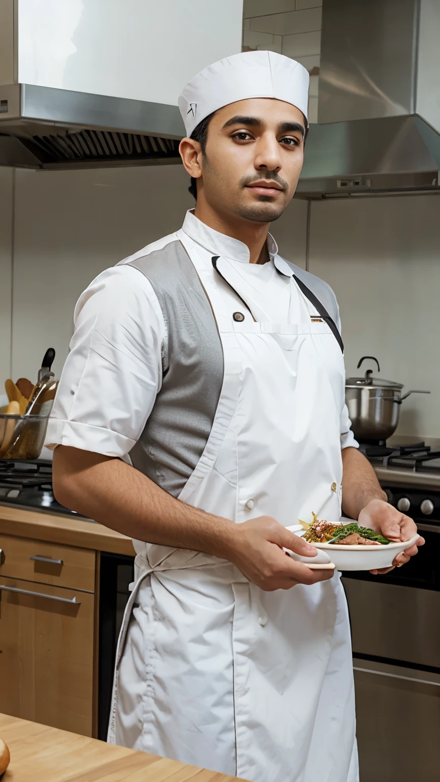arab man dressed as a chef in commercial kitchen, 1:1