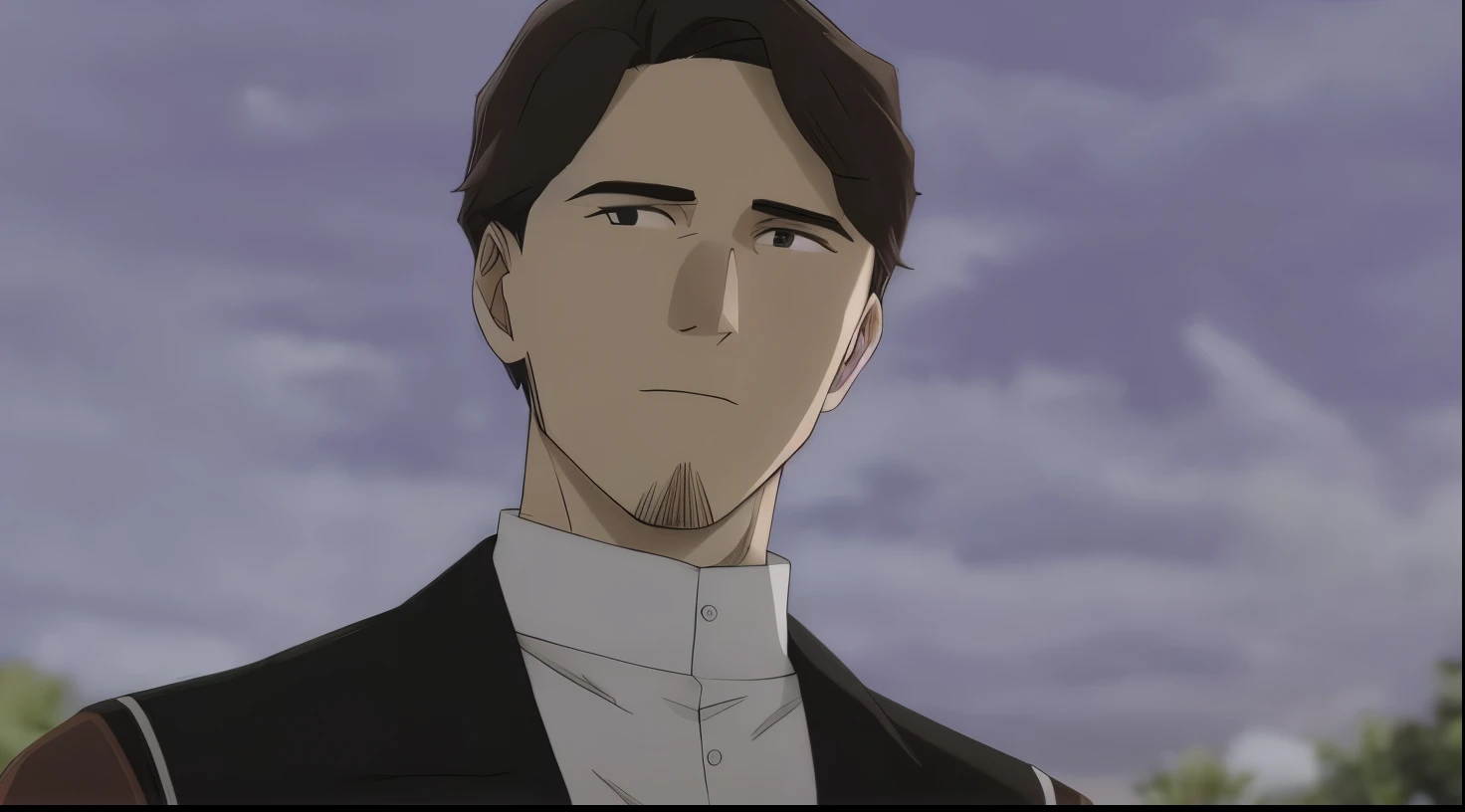 male、Purple Suit、White shirt、Dark brown hair、7:3 parting、Beard、Brown eyes、Straight face、highest quality
