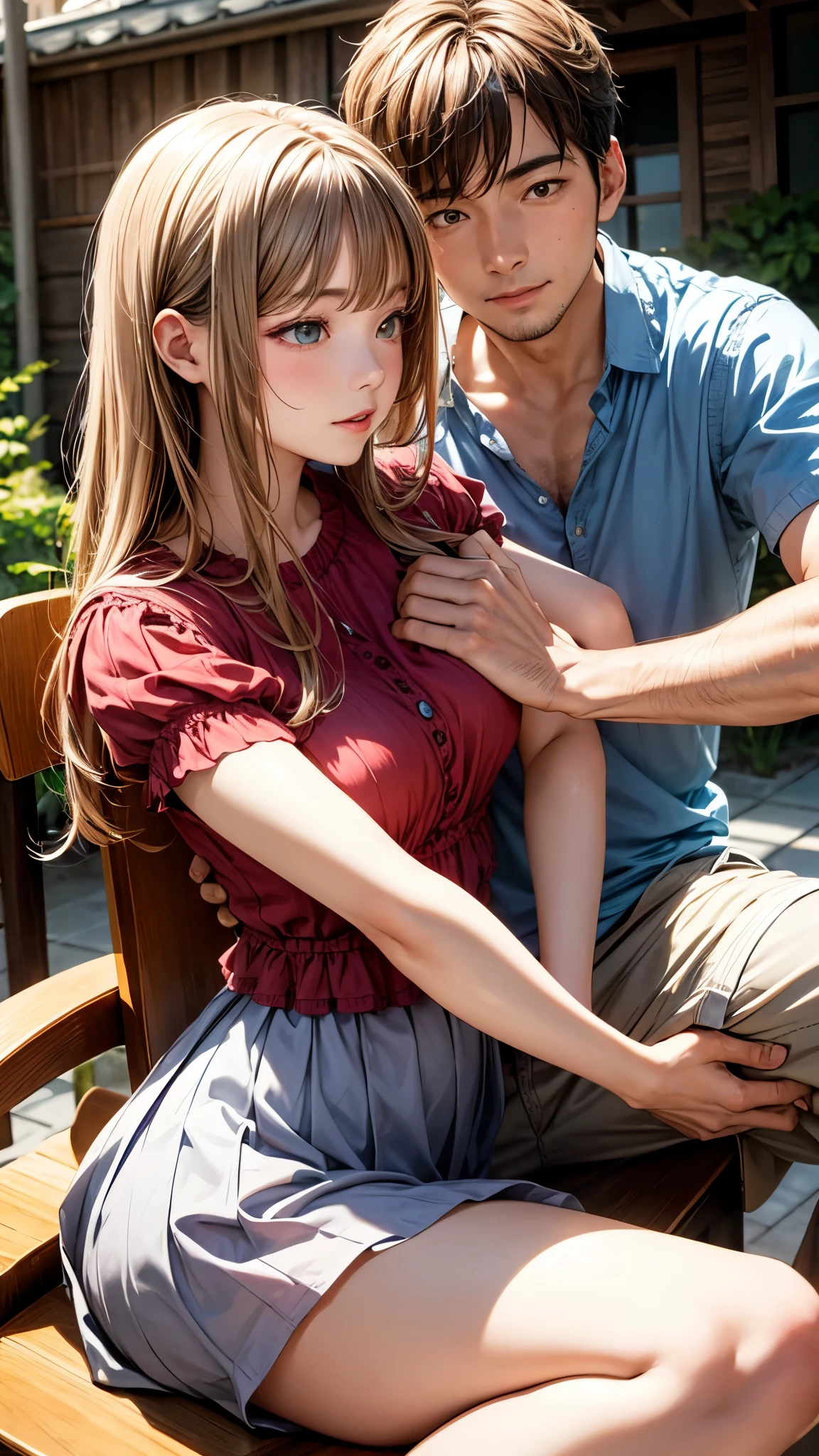 highest quality、4K quality、Man Sitting On A Chair、Woman in summer dress riding backwards on man、Shooting from the side、Man touches woman's chest、The woman grasps the penis