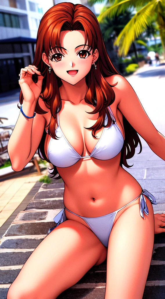 Sonozaki　Misao Sonozaki, Master Masterpiece, highest quality, High resolution, Tabletop, (highest quality), 1 Female, brown hair,  Long Hair, Mature Woman, Big Breasts, Sexy Woman, Laughing with your mouth open ,Closed clothes, Exposing shoulders, Vibrant colors ,Natural light  ,beautiful, (Detailed face:1.2), Showcase,(Realistic:1.1), 8K Ultra HD,  View your viewers, (White Bikini:1.3),Beach