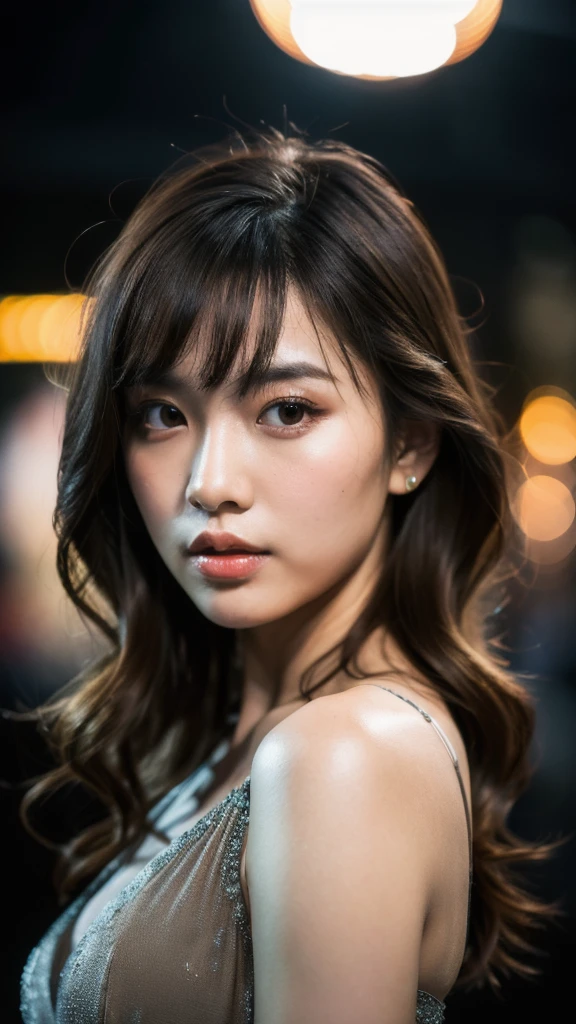 (top-quality、hight resolution、masterpiece:1.3)、Tifa Lockhart、clean25Mature Woman、Slender figure beauty、Dark brown hair styled in loose waves、(white pale skin)、a small face、Bust Size B、Shortcut Hair、no-makeup、Details exquisitely rendered in the face and skin texture、Eyes with detailed pupils、二重まぶた、doress、New York City at night