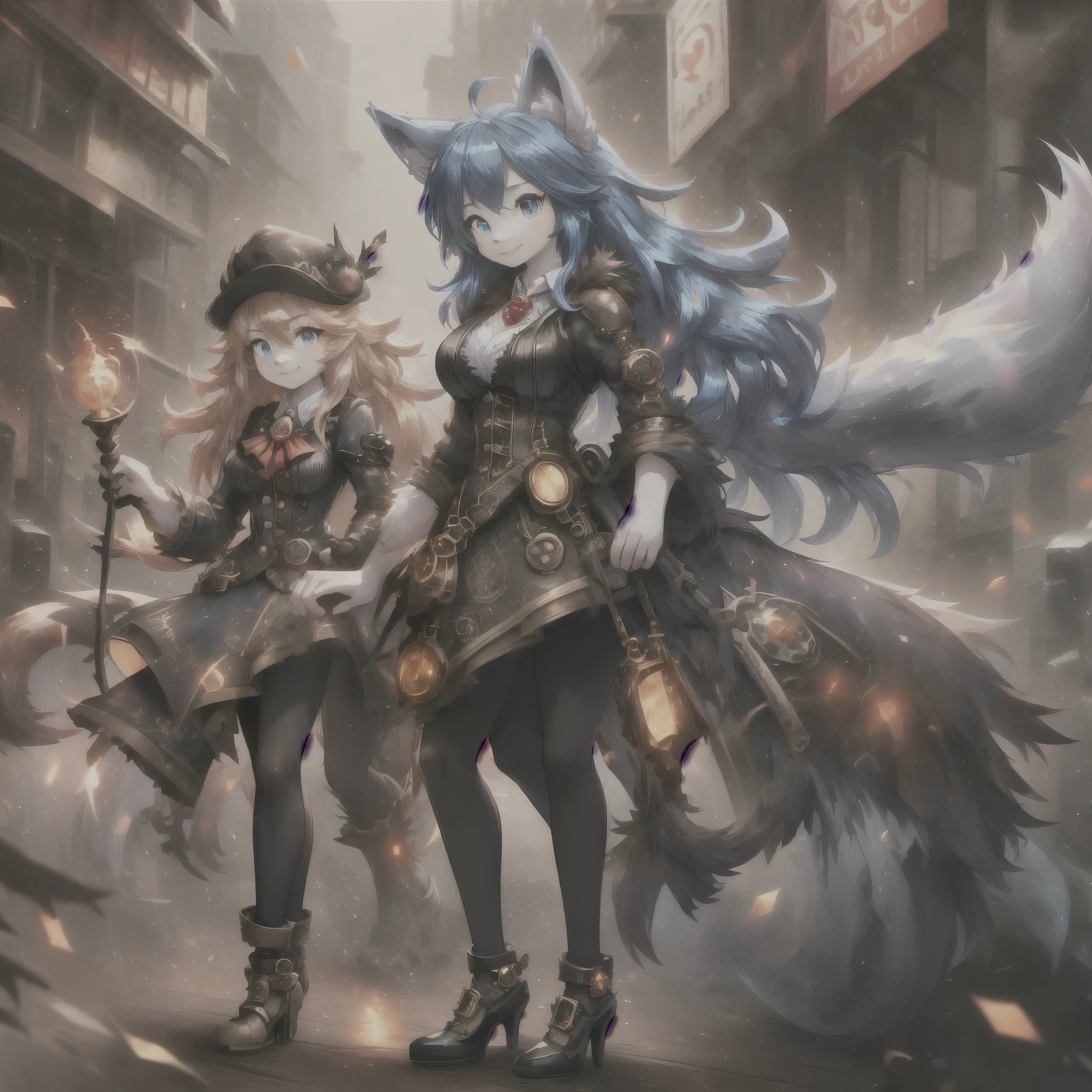 woman, hairy woman, wolf woman, full body portrait, full fur, magic fur, full tail, big tail, magic tail, magic hair, long hair, bushy hair, hair, hair with a brooch (gear shaped brooch ), almond-shaped eyes, blue eyes, shy smile, charming face, red cheek, long dress (dark blue color in steampunk style), worn tights, black tights, heeled shoe, steampunk shoe, background with steampunk city (a woman wolf this walk in the city), lots of people in the street