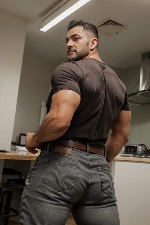 hombre musculoso salvaje, (40 year old daddy:1.1), 1 chico, Solo, (vistiendo una camisa a cuadros roja afuera), (camiseta gris por dentro), (hombros grandes), musculatura, rastrojos, barba corta, ojos bonitos:1.3, ), (cara detallada:1.3), smiles, dynamic angle, volumetric lighting, (mejor calidad, A high resolution, fotorrealista), cinematic lighting, Obra maestra, foto cruda, detalles intrincados, hdr, cuerpo completo, Big muscular body, Big Bubble butt, camisa fajada, white jeans backside backside crouched man manly
