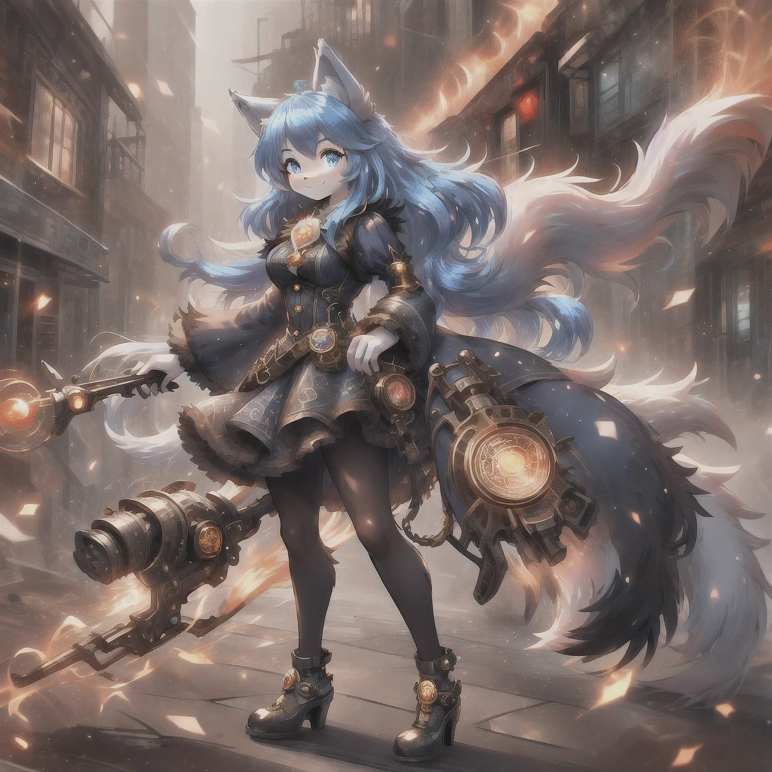 woman, hairy woman, wolf woman, full body portrait, full fur, magic fur, full tail, big tail, magic tail, magic hair, long hair, bushy hair, hair, hair with a brooch (gear shaped brooch ), almond-shaped eyes, blue eyes, shy smile, charming face, red cheek, long dress (dark blue color in steampunk style), worn tights, black tights, heeled shoe, steampunk shoe, background with steampunk city (a woman wolf this walk in the city), lots of people in the street