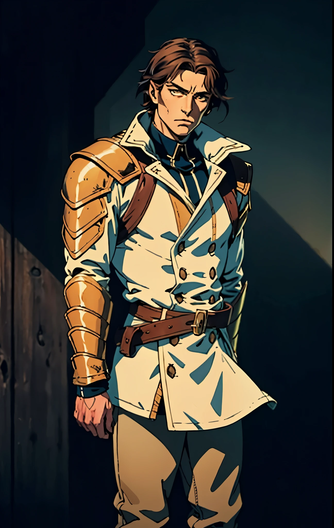 A man with short sandy brown hair, long side-parted bangs, a melancholic gaze, a troubled expression, pale skin, a fantasy-style gray trench coat with a large collar, under which lies leather chest armor, a black belt, worn-out yellowish shoulder pads and wrist guards, utility trousers, the backdrop of a mountain wilderness at night, this character embodies a finely crafted fantasy-style adventurer in anime style, exquisite and mature manga art style, high definition, best quality, highres, ultra-detailed, ultra-fine painting, extremely delicate, professional, perfect body proportions, golden ratio, anatomically correct, symmetrical face, extremely detailed eyes and face, high quality eyes, creativity, RAW photo, UHD, 32k, Natural light, cinematic lighting, masterpiece-anatomy-perfect, masterpiece:1.5