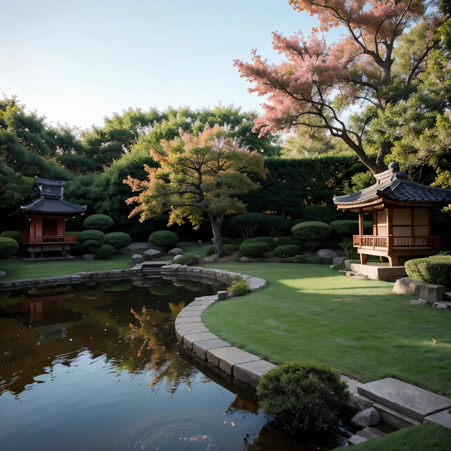 Old orange and pink Japanese garden with peach trees