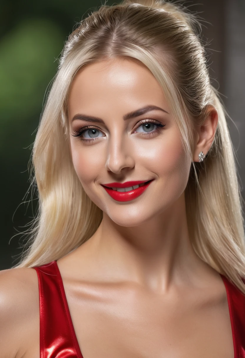 hyperrealistic beautiful busty 19-year-old woman with long legs wearing female superhero cosplay outfit, model shooting full body photography, bleached blonde very long straight hair, soaky wet skin, dark eye makeup with eyeliner, seductive smile, red lips, 8K, Best quality, Meisterwerk, ultra high resolution, (Realismus: 1.4), Originalfoto, (realistische Hautstruktur: 1.3), (Filmkorn: 1.3), (Selfie-Winkel), 1 girl, Beautiful round hazel eyes and facial details, Meisterwerk, Best quality, outdoor photography, nsfw